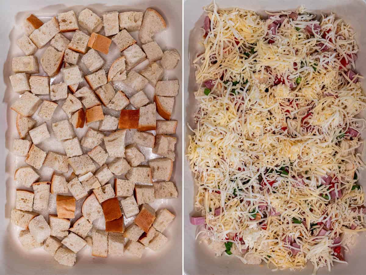 Laying a strata starting with stale bread, then half the dry filling ingredients.
