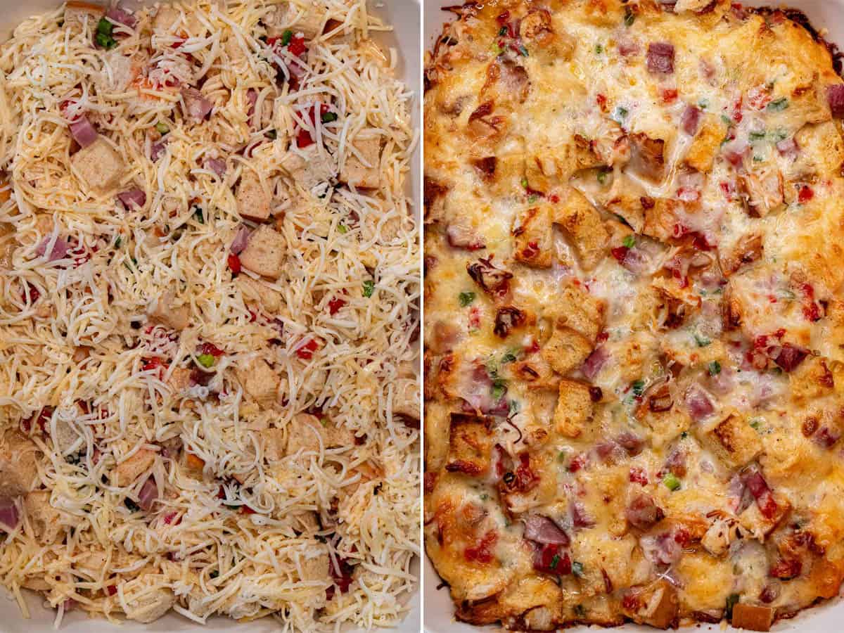Before and after baking overnight ham and cheese strata.