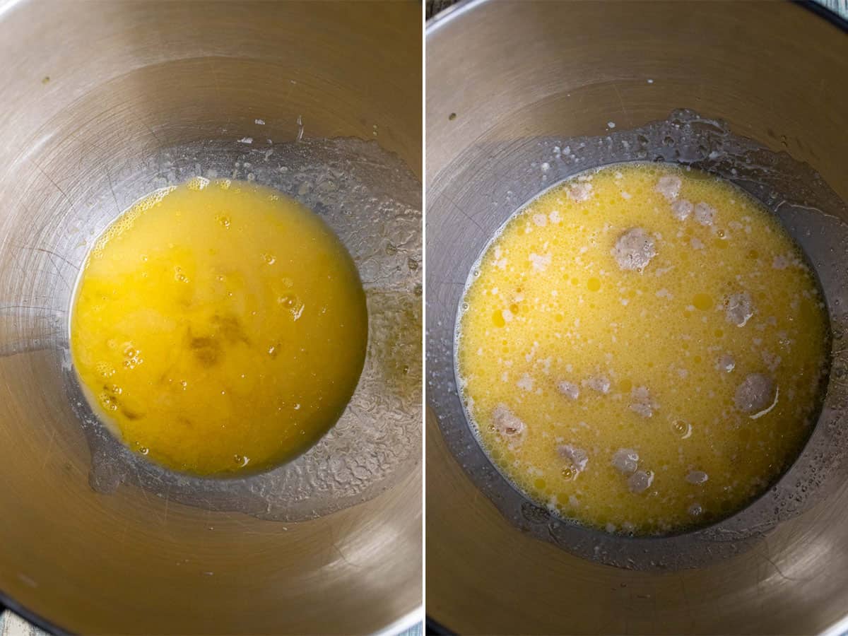 Whisking eggs, then adding milky yeast mixture.