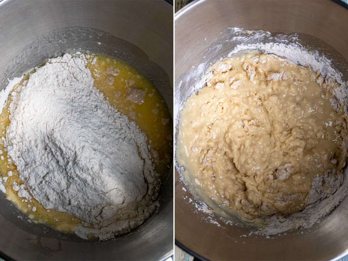 Adding bread flour to eggy yeast mixture until shaggy dough forms.