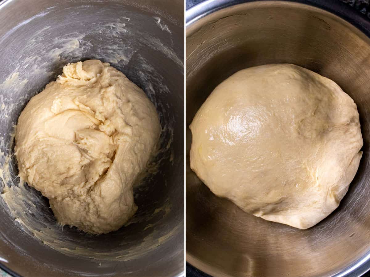 Kneading dough in stand mixer until formed, then placing in bowl to rise.