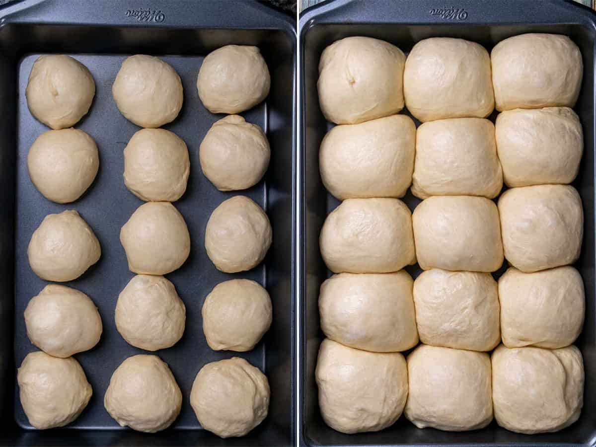 Place dinner roll dough into pan and allow to rise second time.