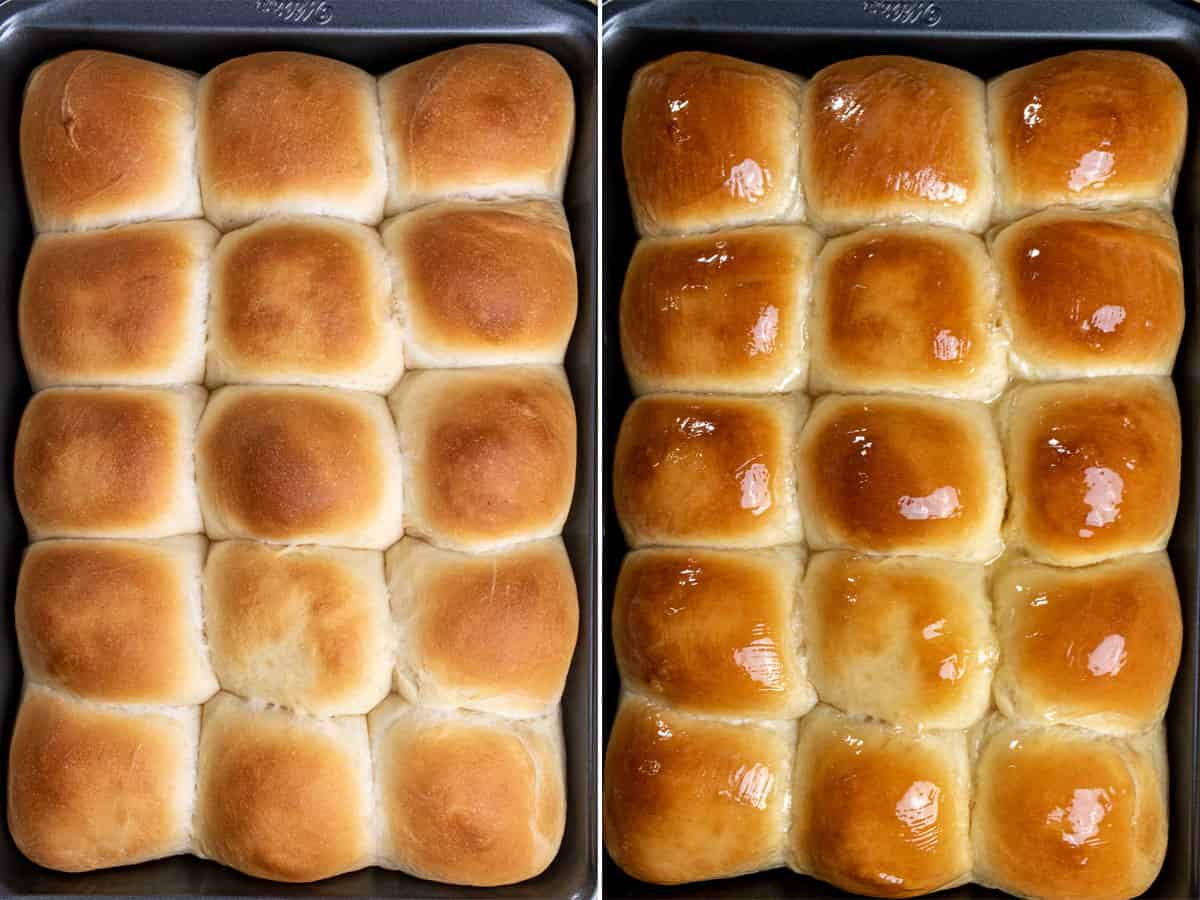 After baking dinner rolls and brushing with honey butter while hot.