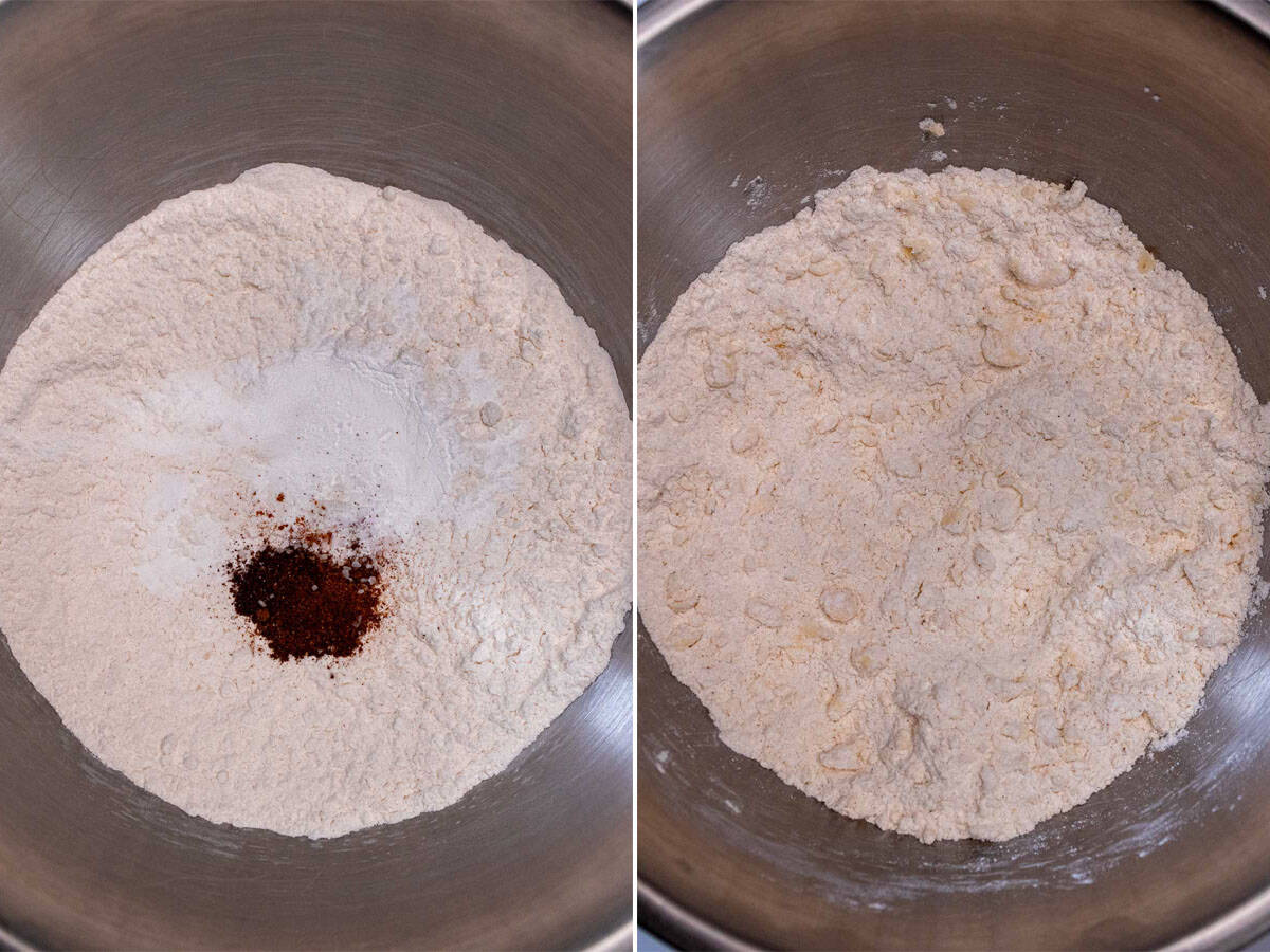 Dry ingredients for Irish apple cake, then butter is cut into the flour.