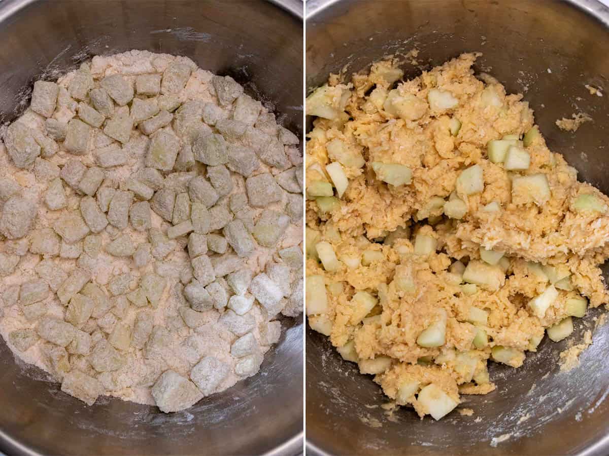 Tossing the apples with the dry ingredients for apple cake, then mixing in the wet ingredients.
