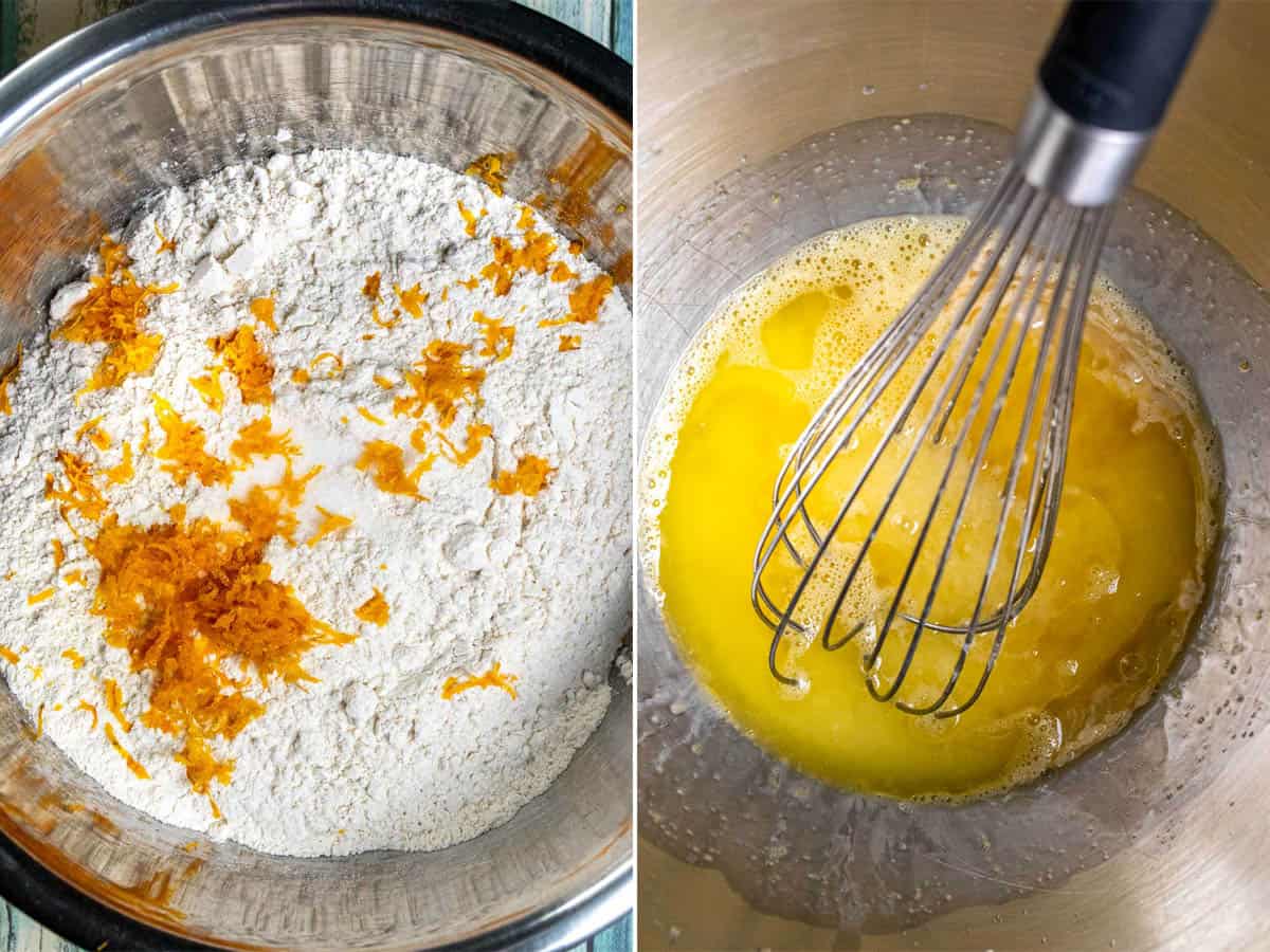 Dry ingredients in a mixing bowl and in another bowl, eggs mixed with sugar.