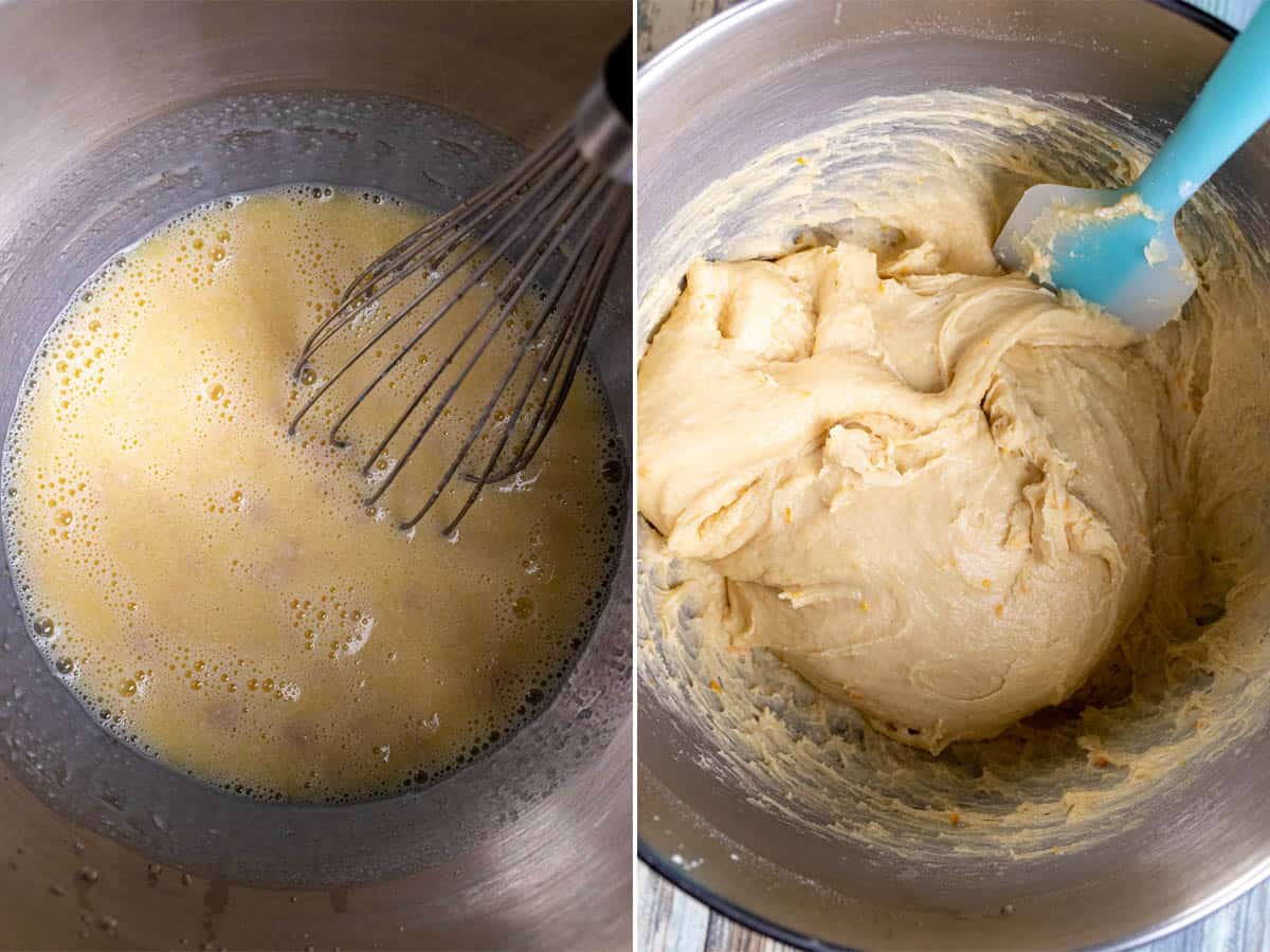 Adding flour mixture to wet ingredients for bread dough and mixing until shaggy dough forms.