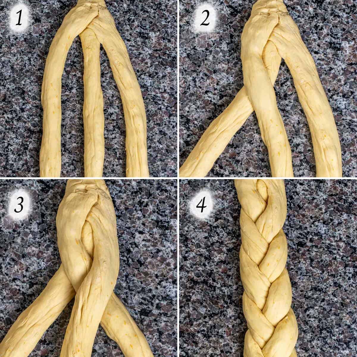 Shaping long dough logs into braid for Easter bread.