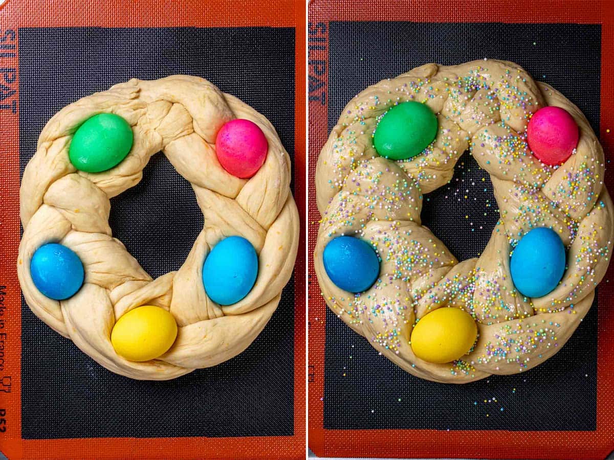 Before and after adding egg wash and pastel sprinkles before baking Italian Easter bread.