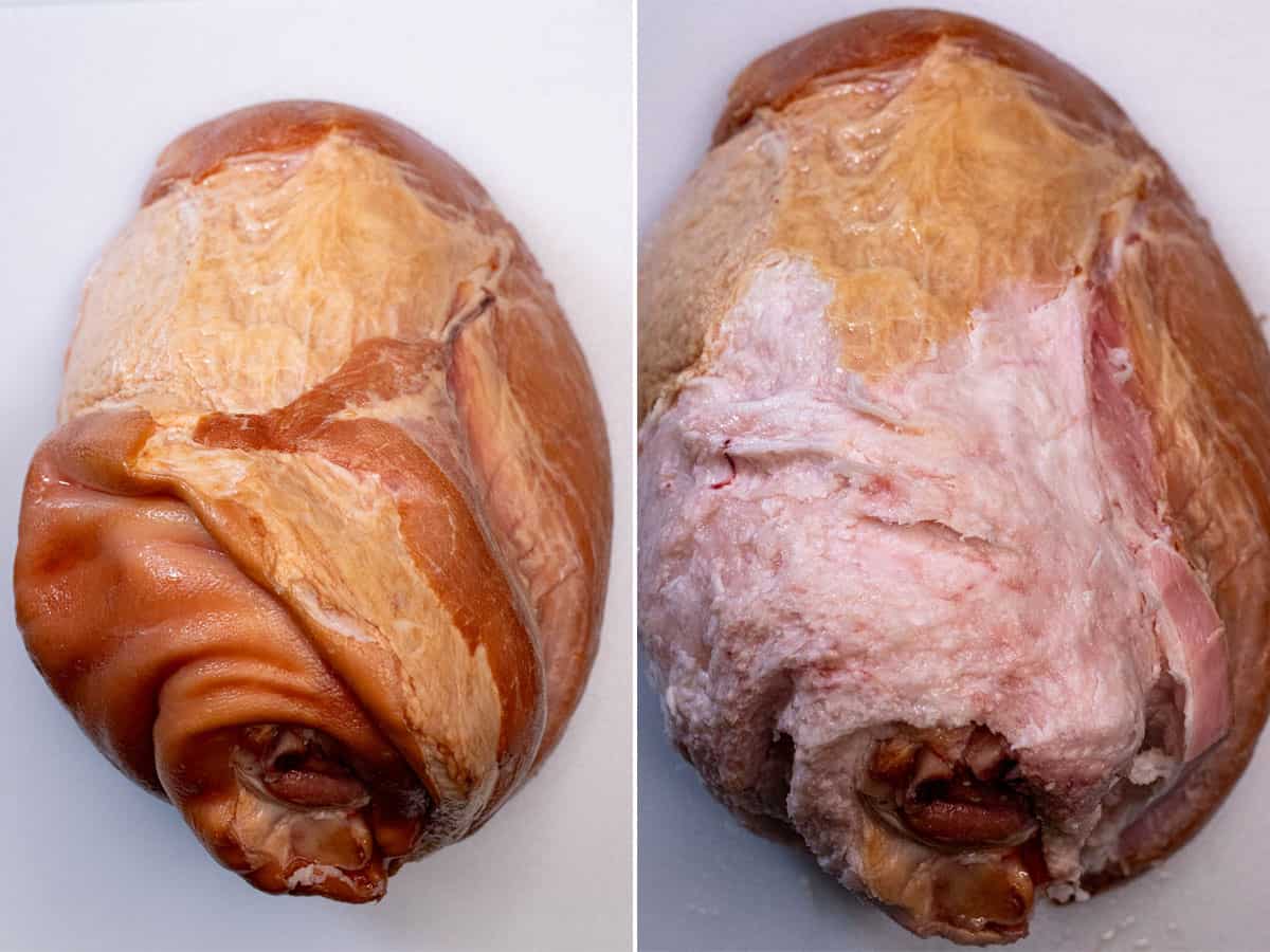 Before and after removing ham skin and scoring diamond pattern.
