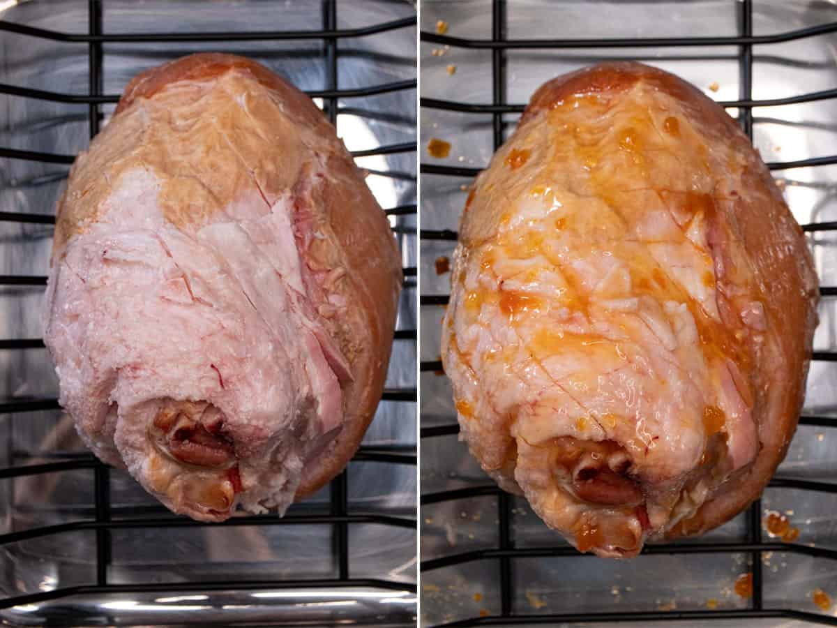 Placing ham on rack in roasting pan and brushing with basting ingredients.