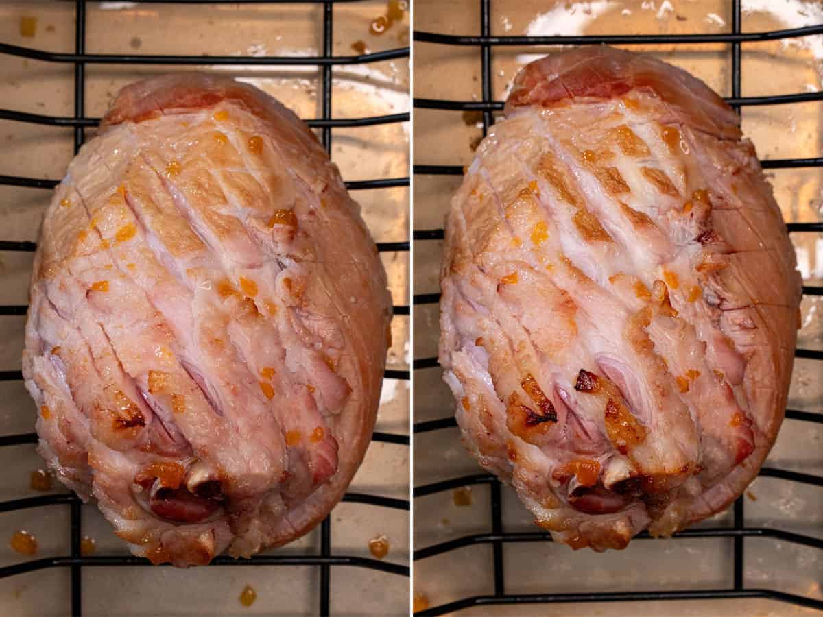 Basting the ham while cooking in the oven.