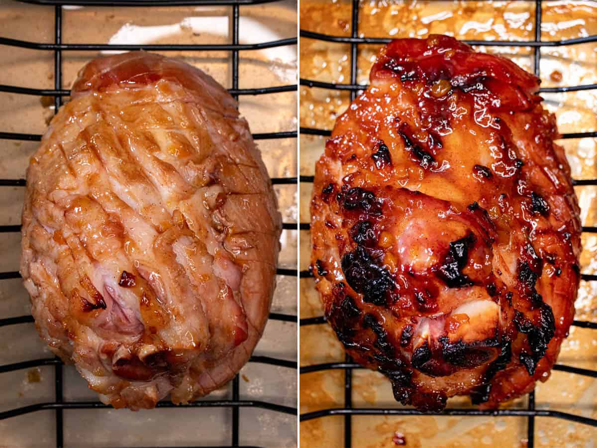 Finishing the ham with peach and bourbon glaze at higher heat.