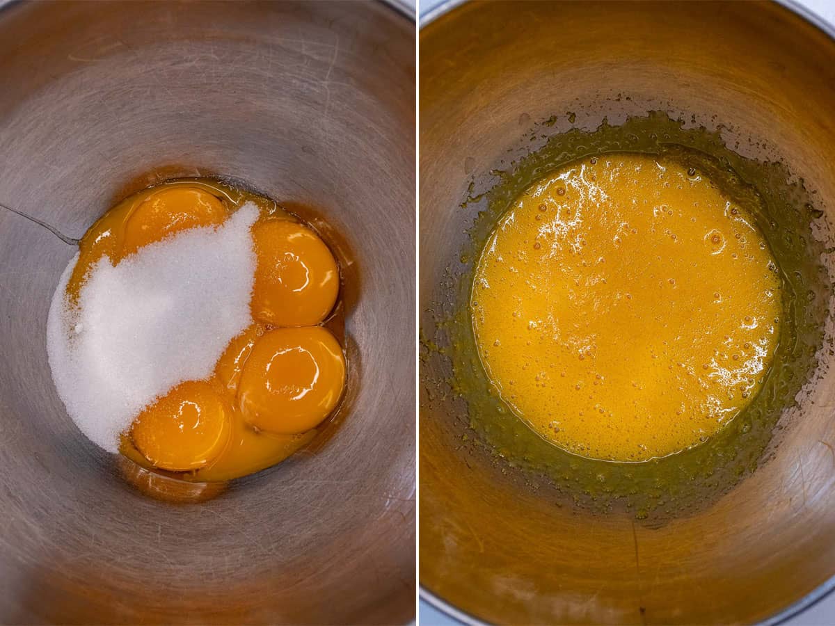 Mixing egg yolks with sugar for custard.