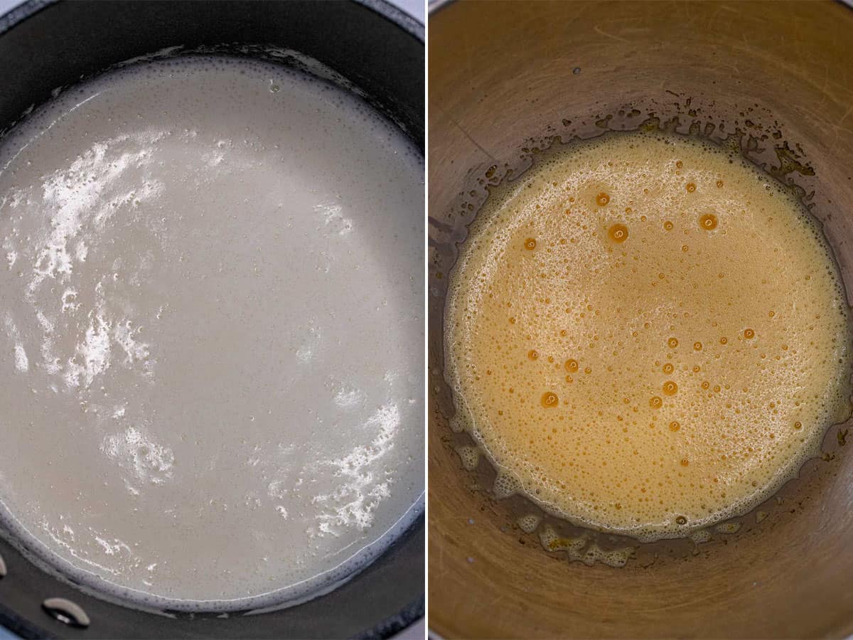 Simmering cream, then pouring some into egg yolks to temper them.