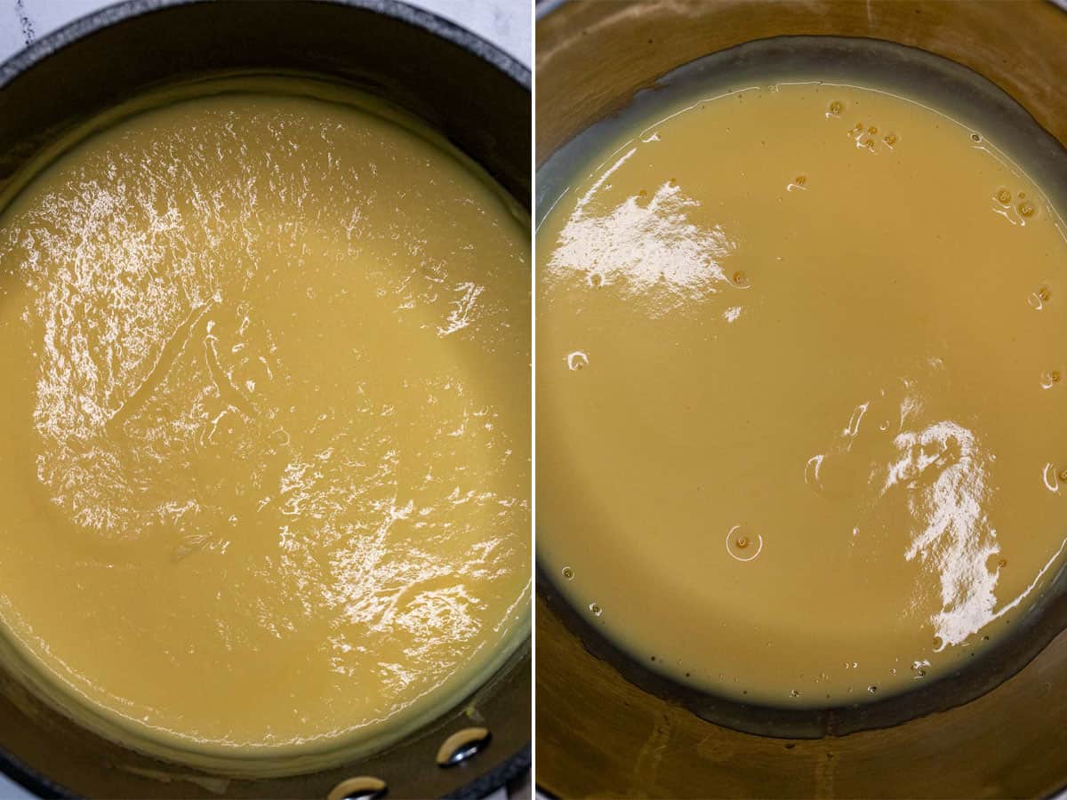 Whisking custard until thickened, then poured through strainer.