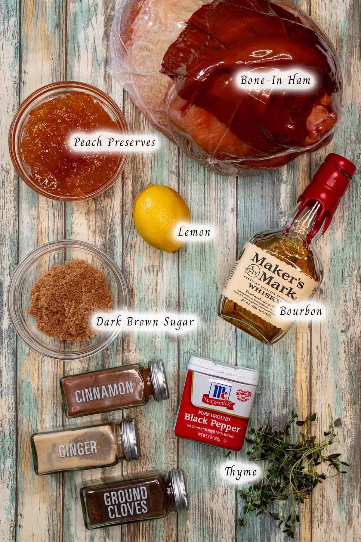 Ingredients for peach and bourbon glazed ham.