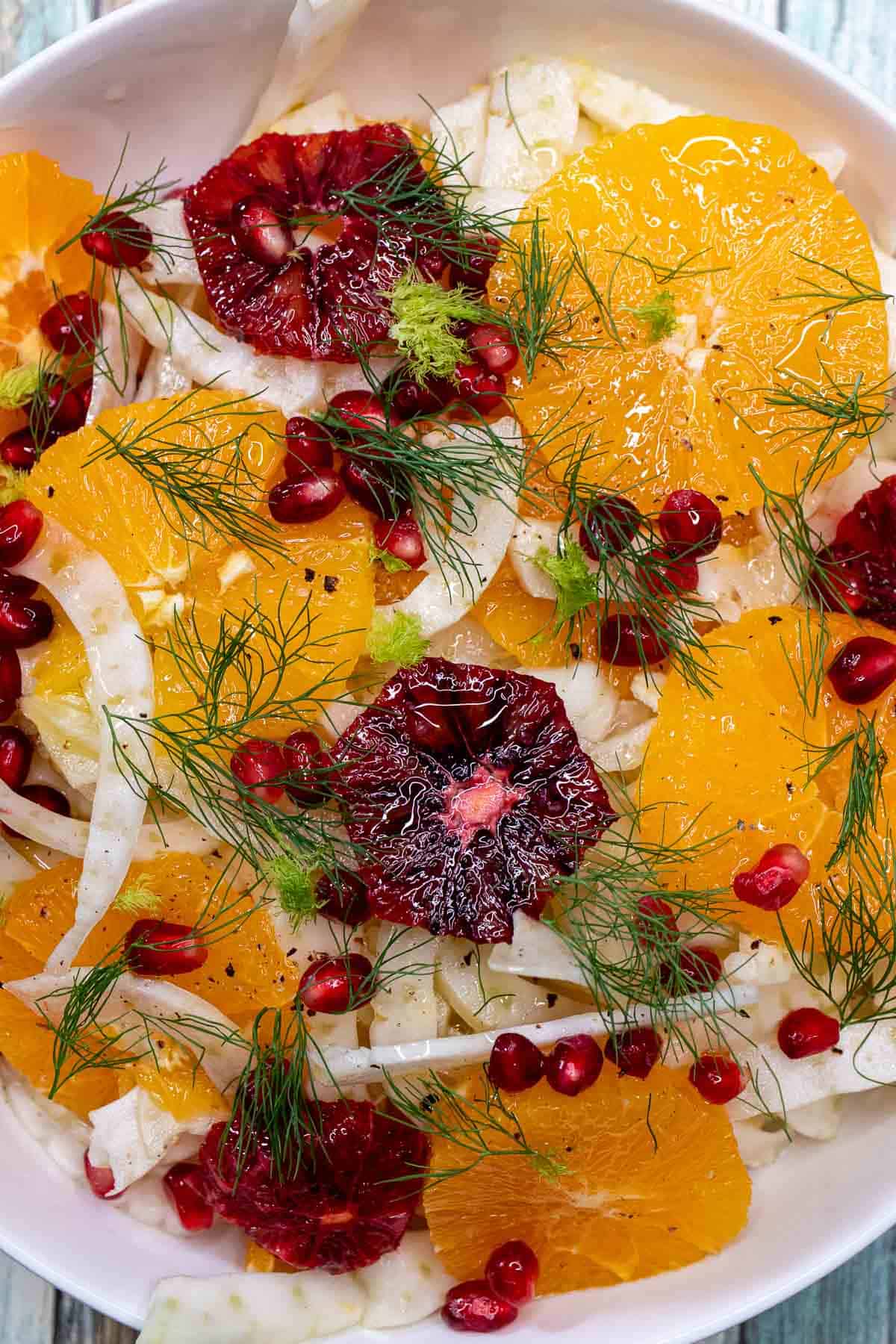 Sicilian fennel and orange salad with blood oranges and pomegranate seeds.