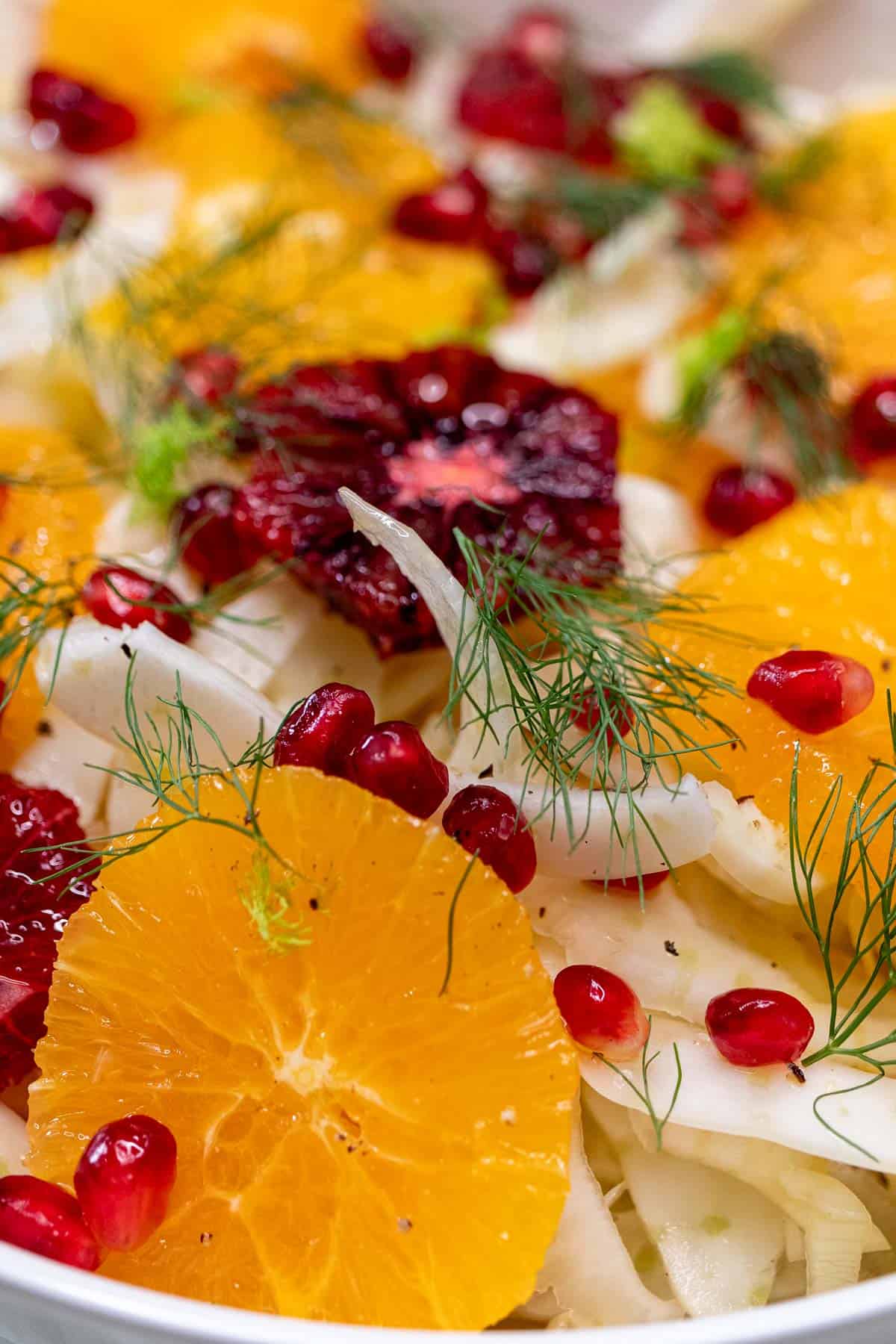 Fennel and orange salad with naval and blood oranges and pomegranate arils.