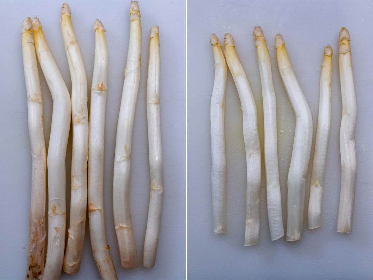 Peeling and trimming white asparagus.
