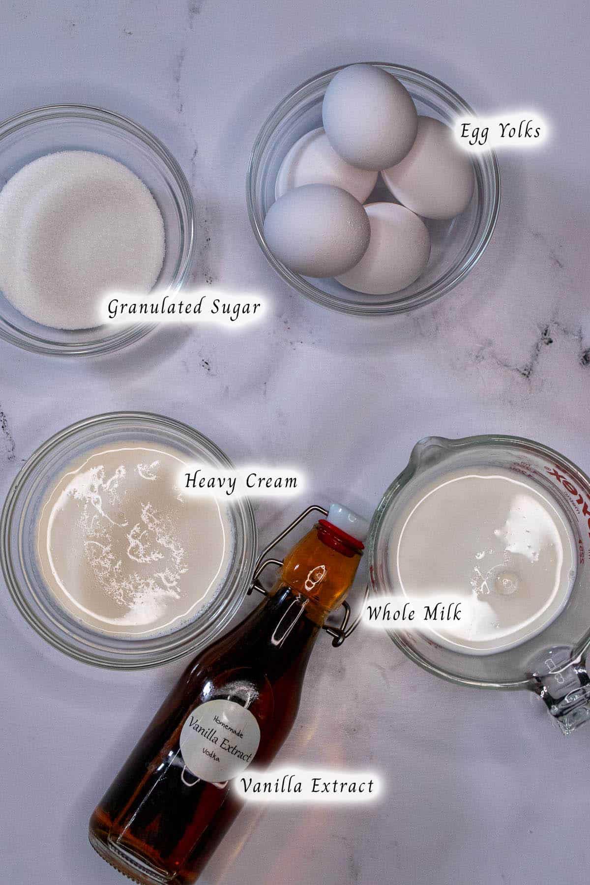 Ingredients for making vanilla custard sauce.
