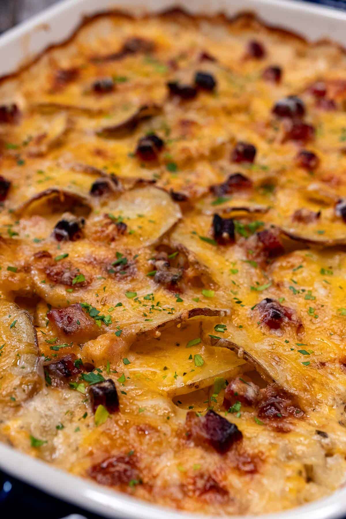 Scalloped potatoes topped with ham and melted cheese.