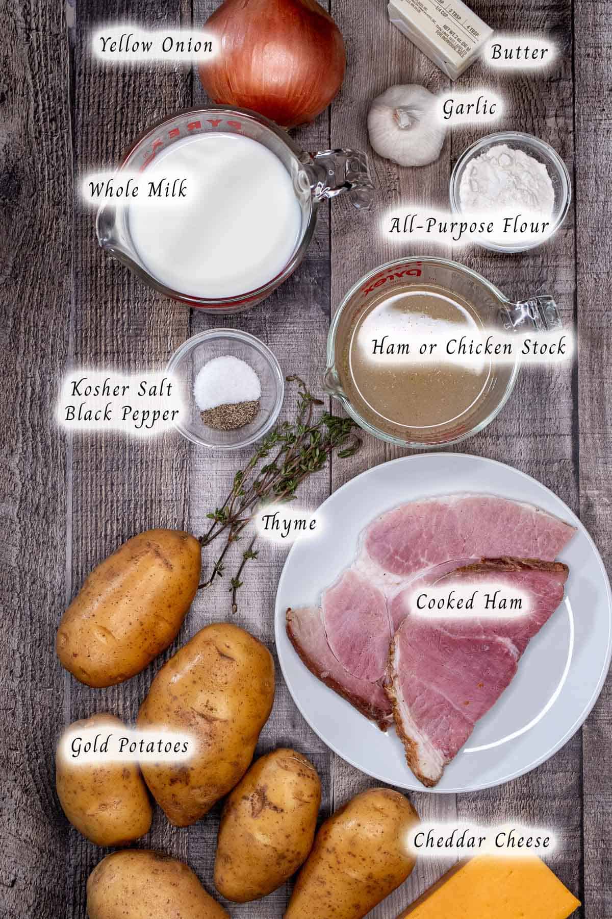 Ingredients for making cheesy scalloped potatoes and ham.