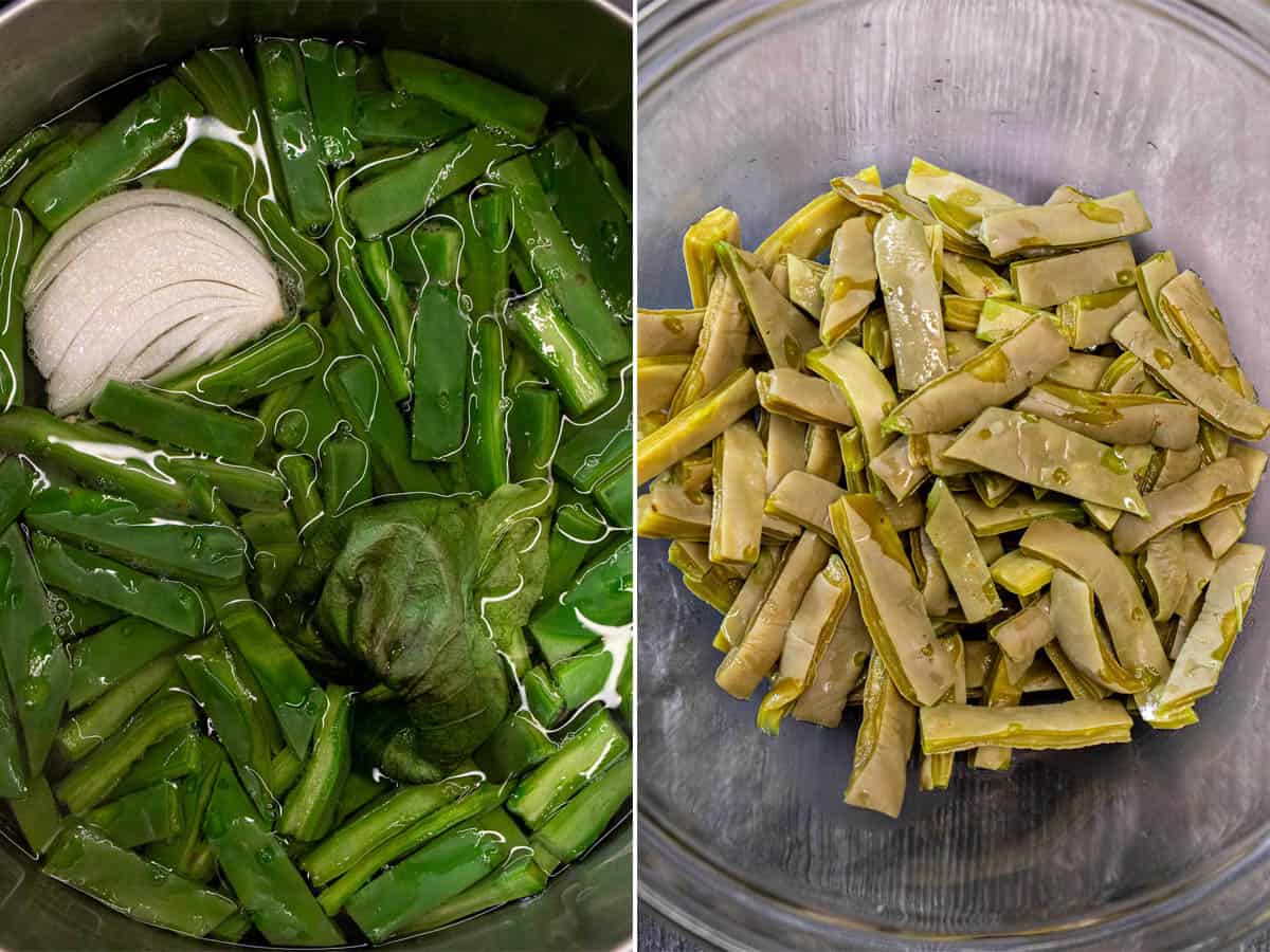 Before and after simmering cut nopales with aromatics.