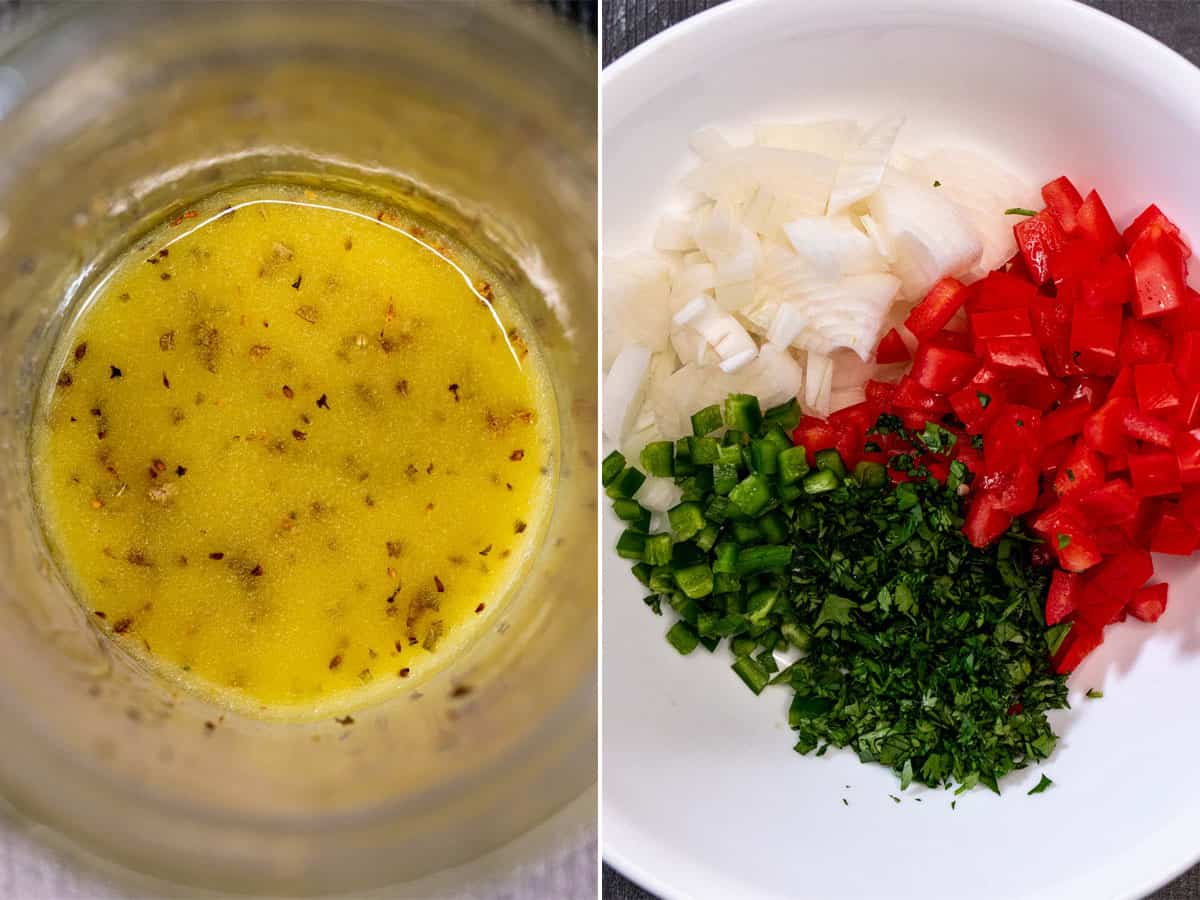 Preparing ensalada de nopales dressing and vegetables.