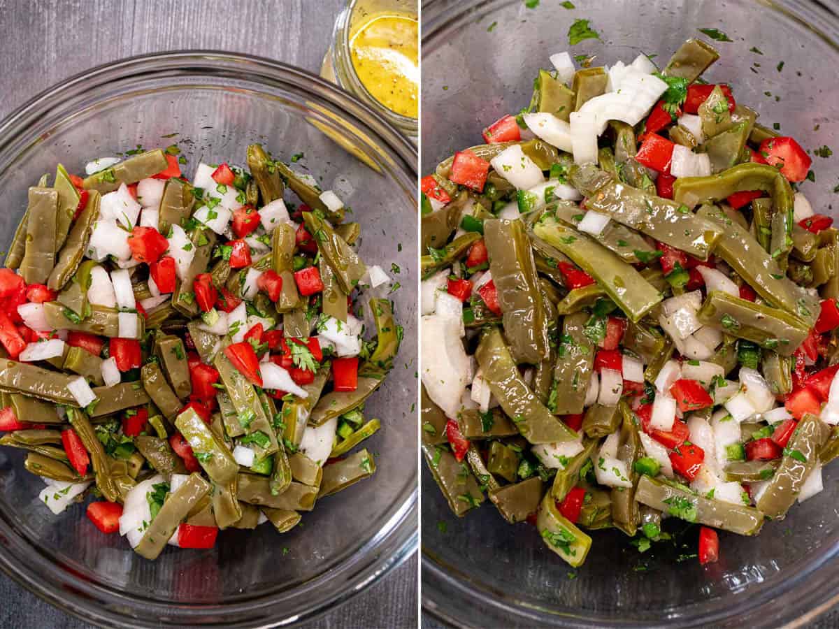 Stirring the cactus salad ingredients together, then mixing in the lime dressing.