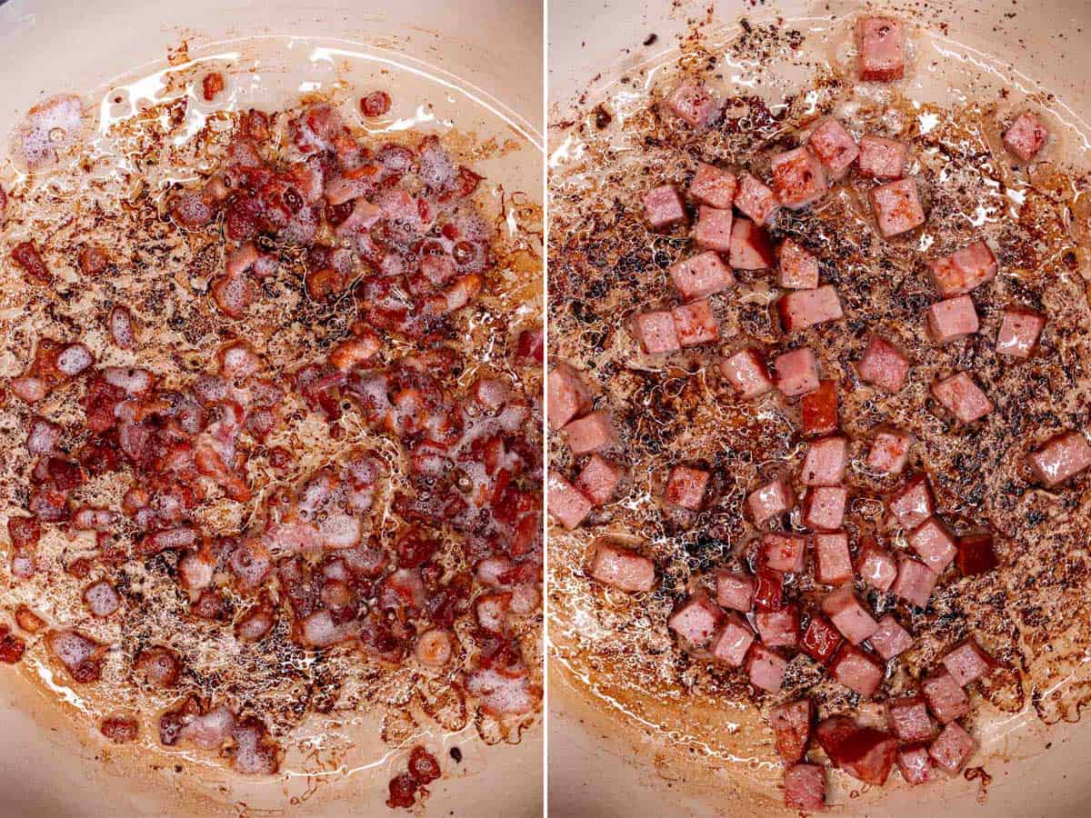 Cooking bacon in a pan, then cubed ham.