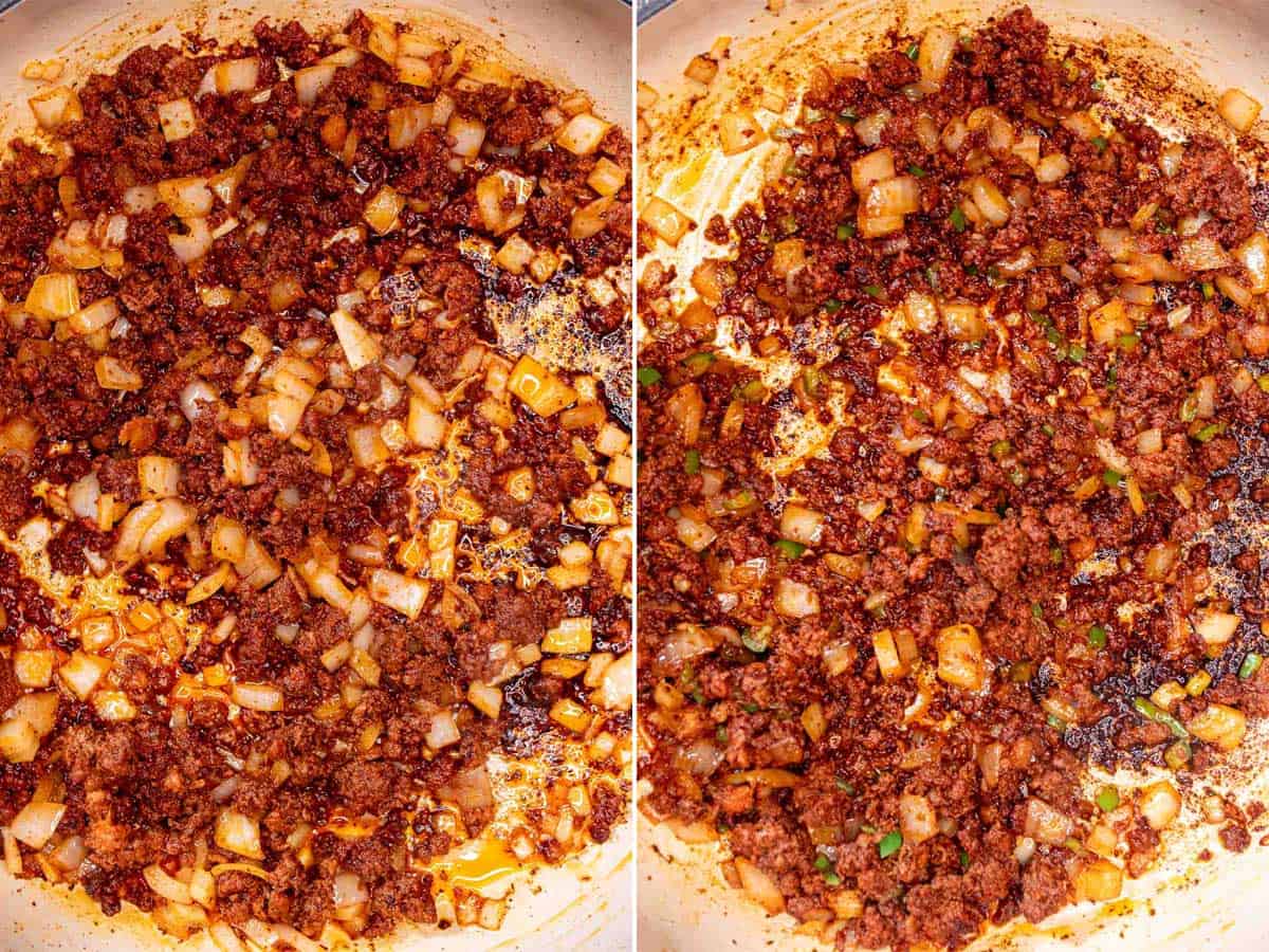 Sauteing Mexican chorizo and diced onion, then adding minced jalapeno.