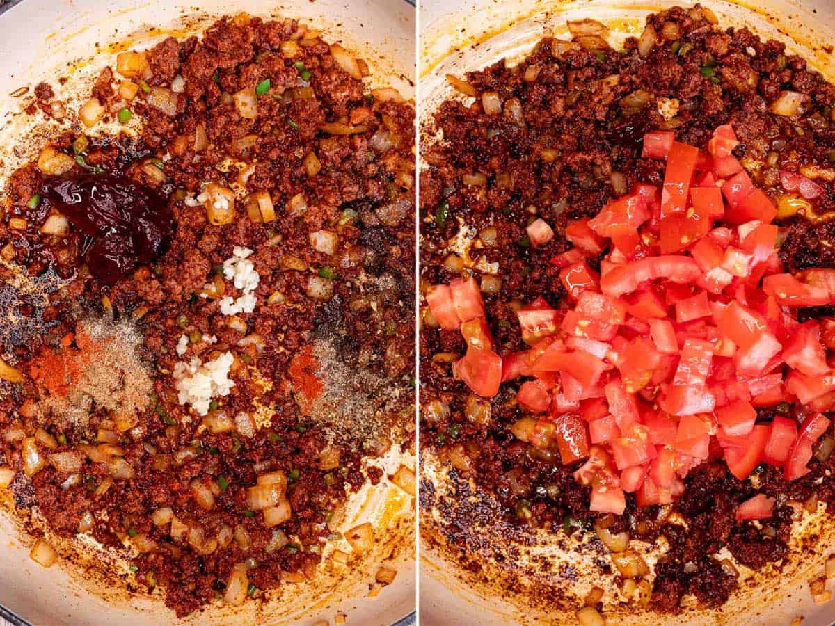 Adding in seasoning and garlic, then diced Roma tomatoes to charro bean filling.