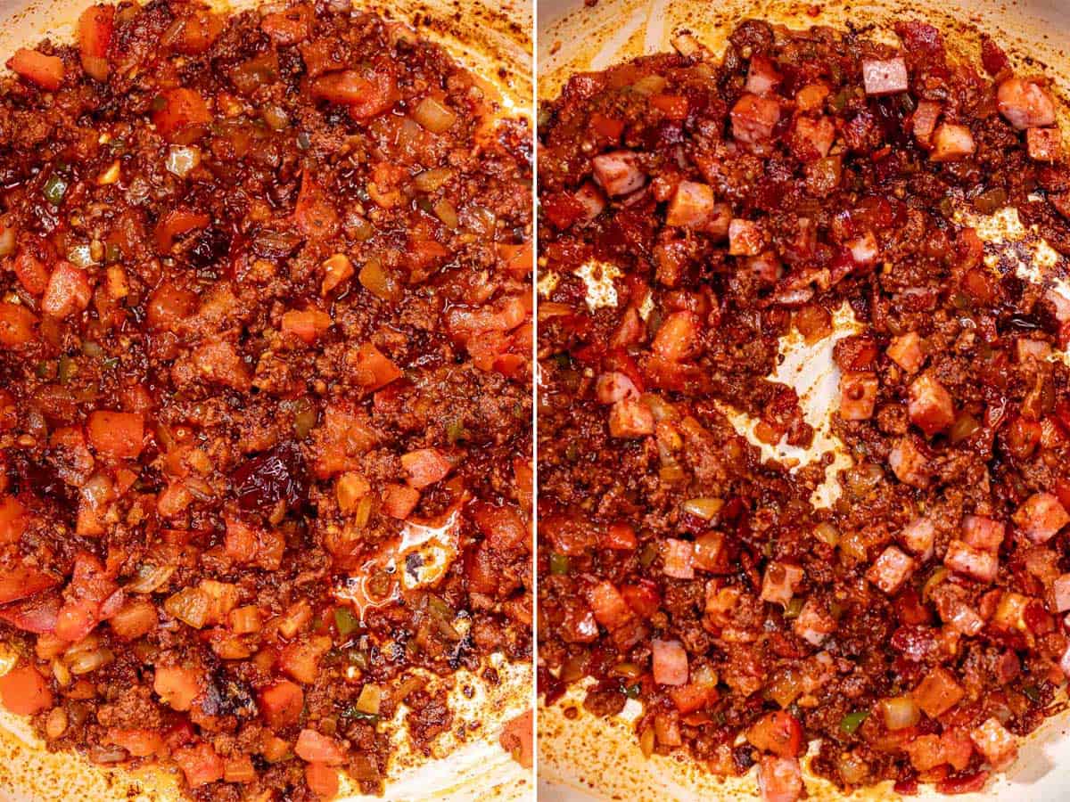 Cooking charro bean mixture until tomatoes break down, then adding bacon and ham back in.