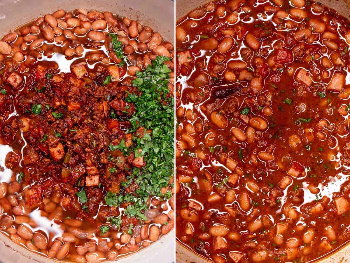 Adding charro bean mixture to the cooked pinto beans and stirring in fresh cilantro.