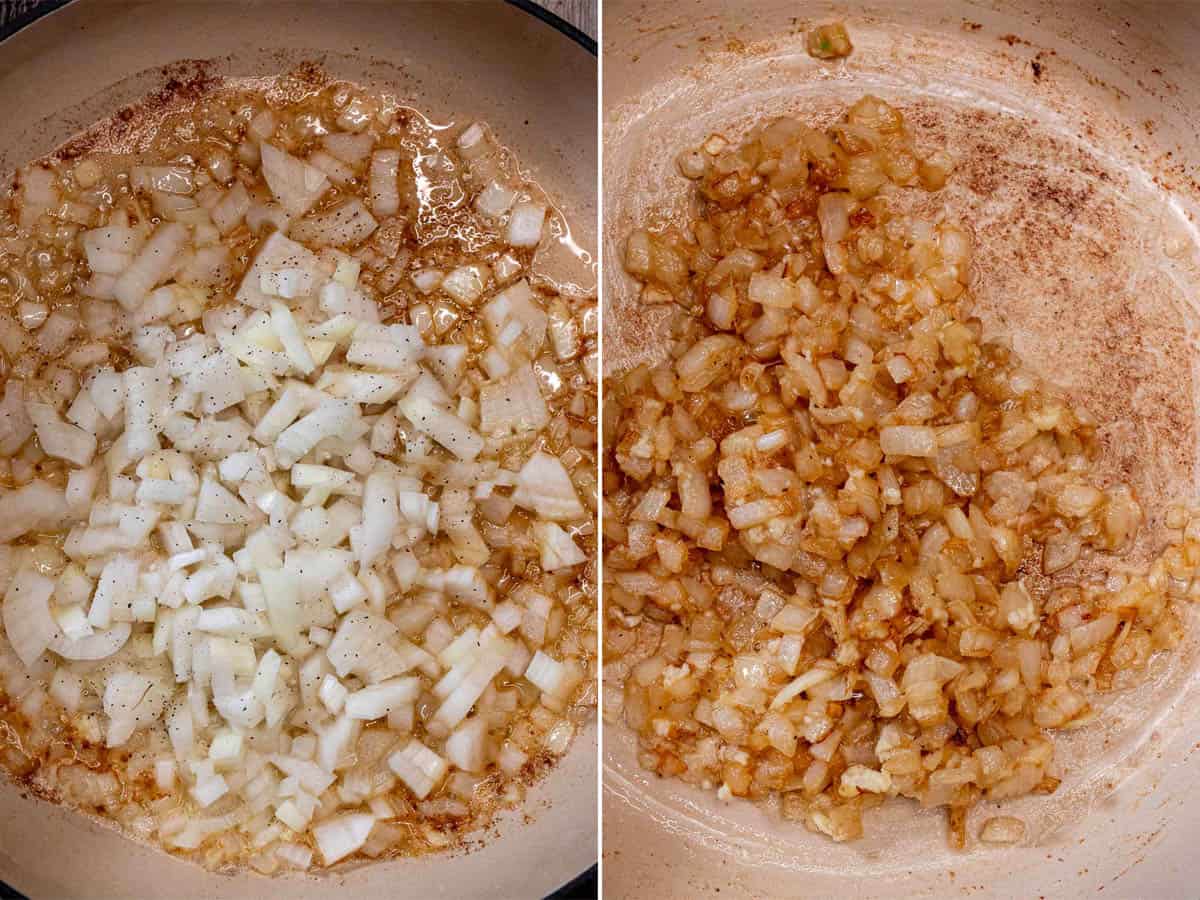 Cooking onion in butter, then adding garlic and flour to create a roux.