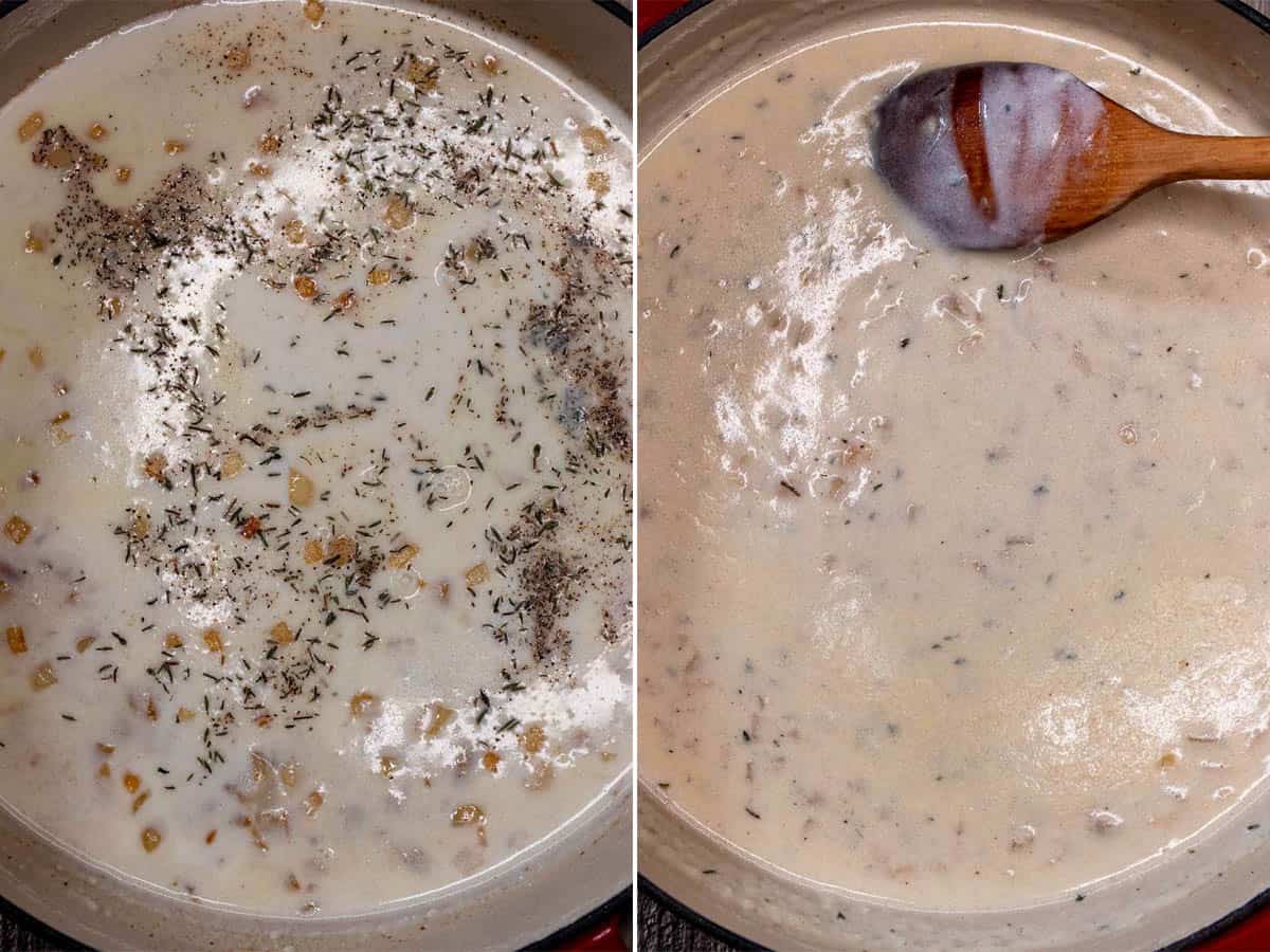 Adding milk and seasoning to roux until it becomes a bechamel sauce.