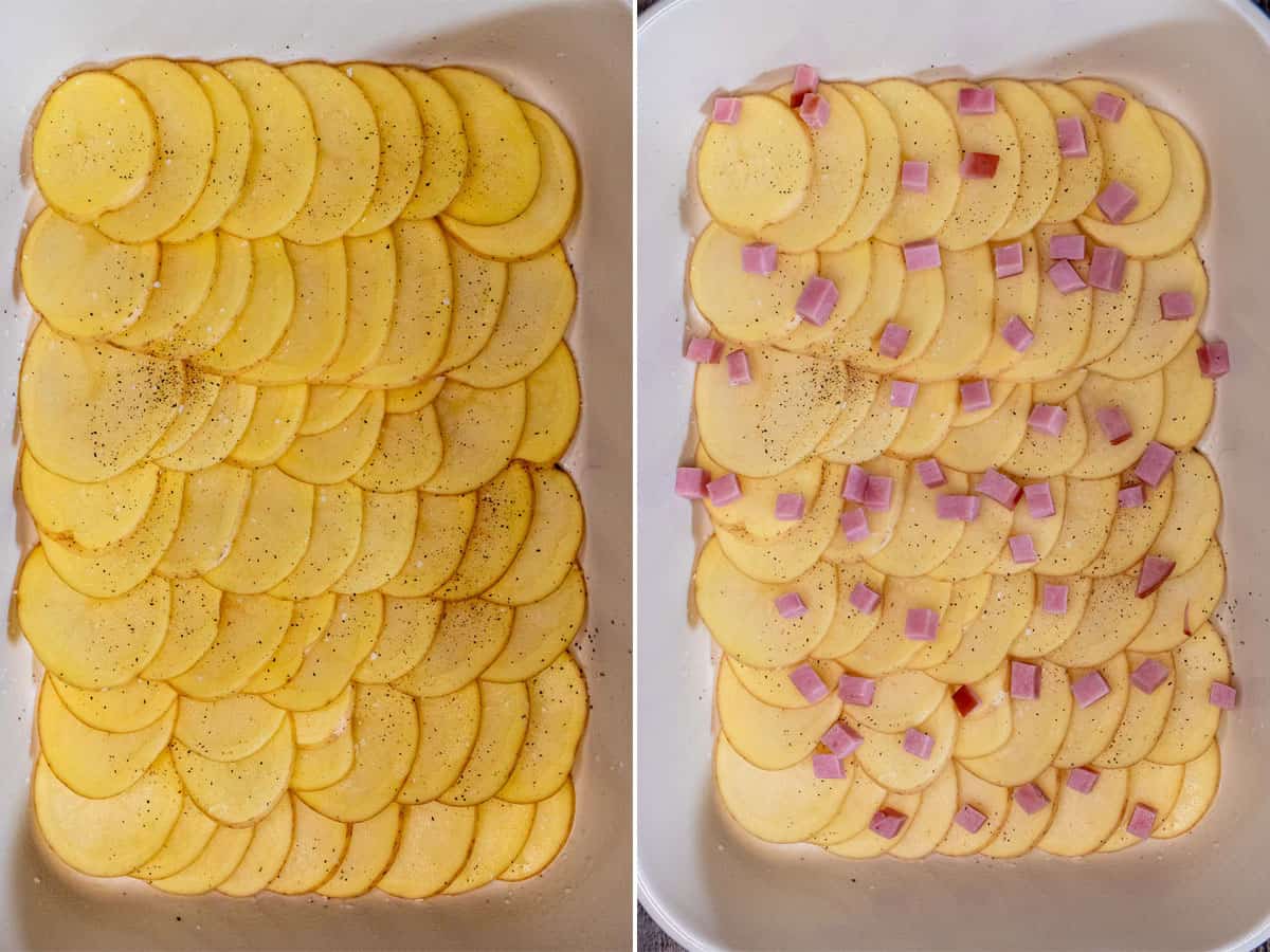 Adding shingled potato slices to baking dish for scalloped potatoes, then topping with diced ham.