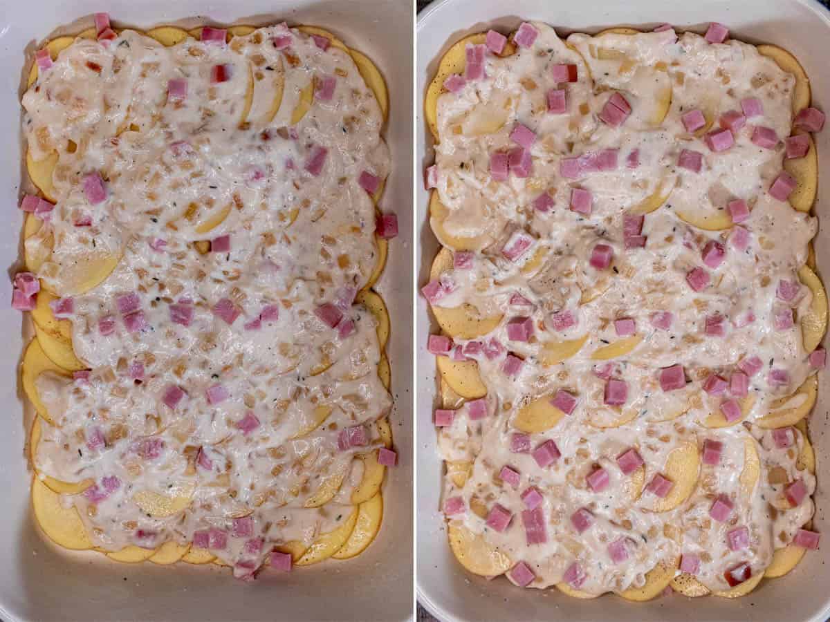 Covering the potatoes and ham with bechamel, then continuing for 3 layers.