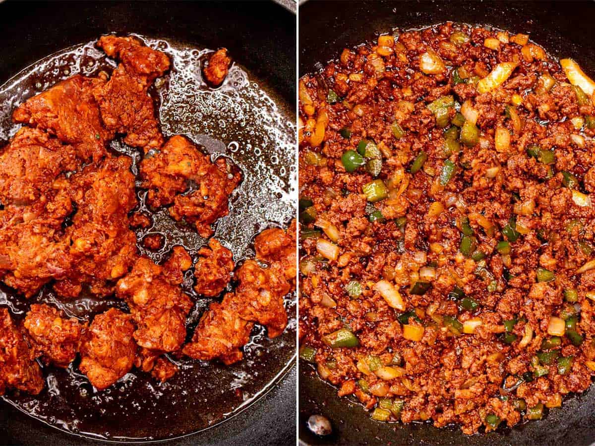 Cooking Mexican chorizo and adding onion and poblano.