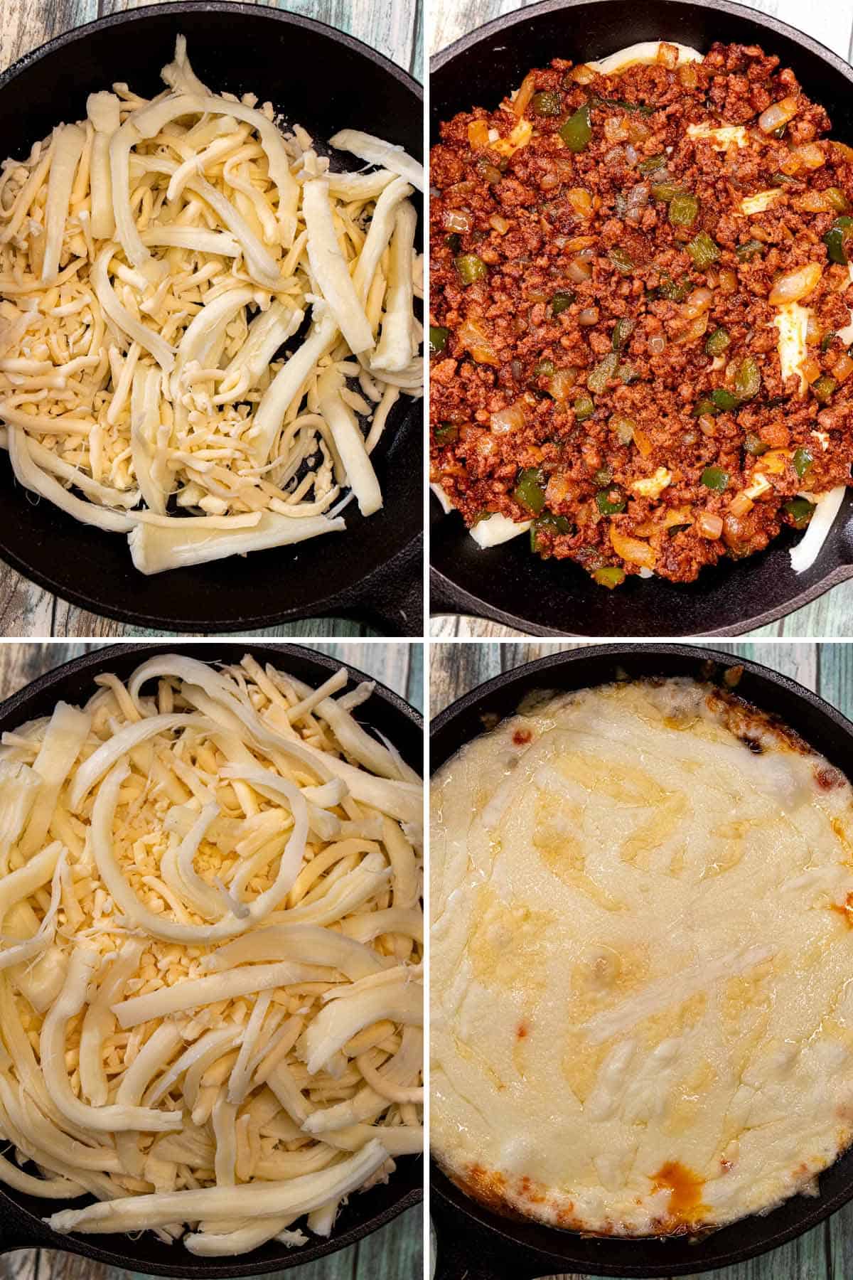 Layering cheese and chorizo mixture in a cast iron skillet for queso fundido.