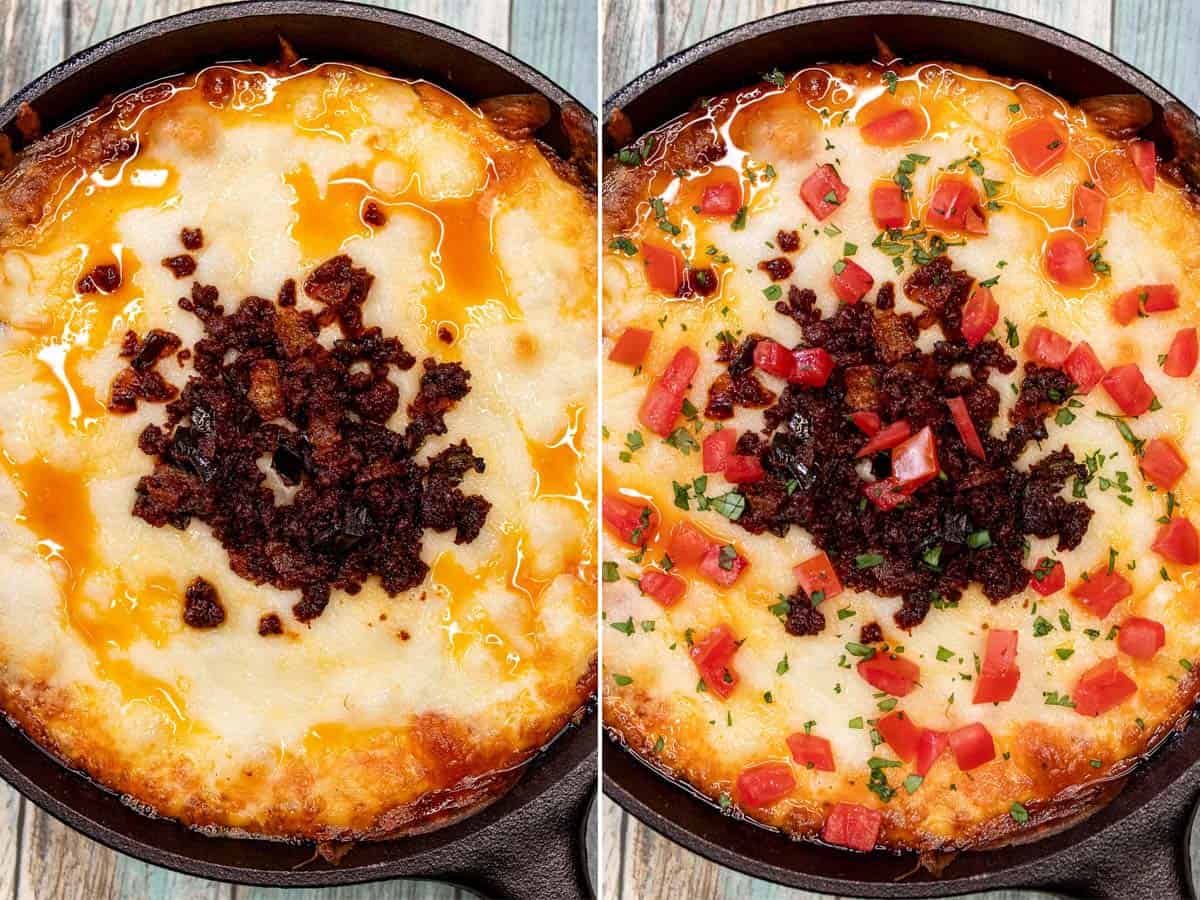 Topping queso fundido with reserved chorizo mixture and browning the cheese, then topping with diced tomato and cilantro.