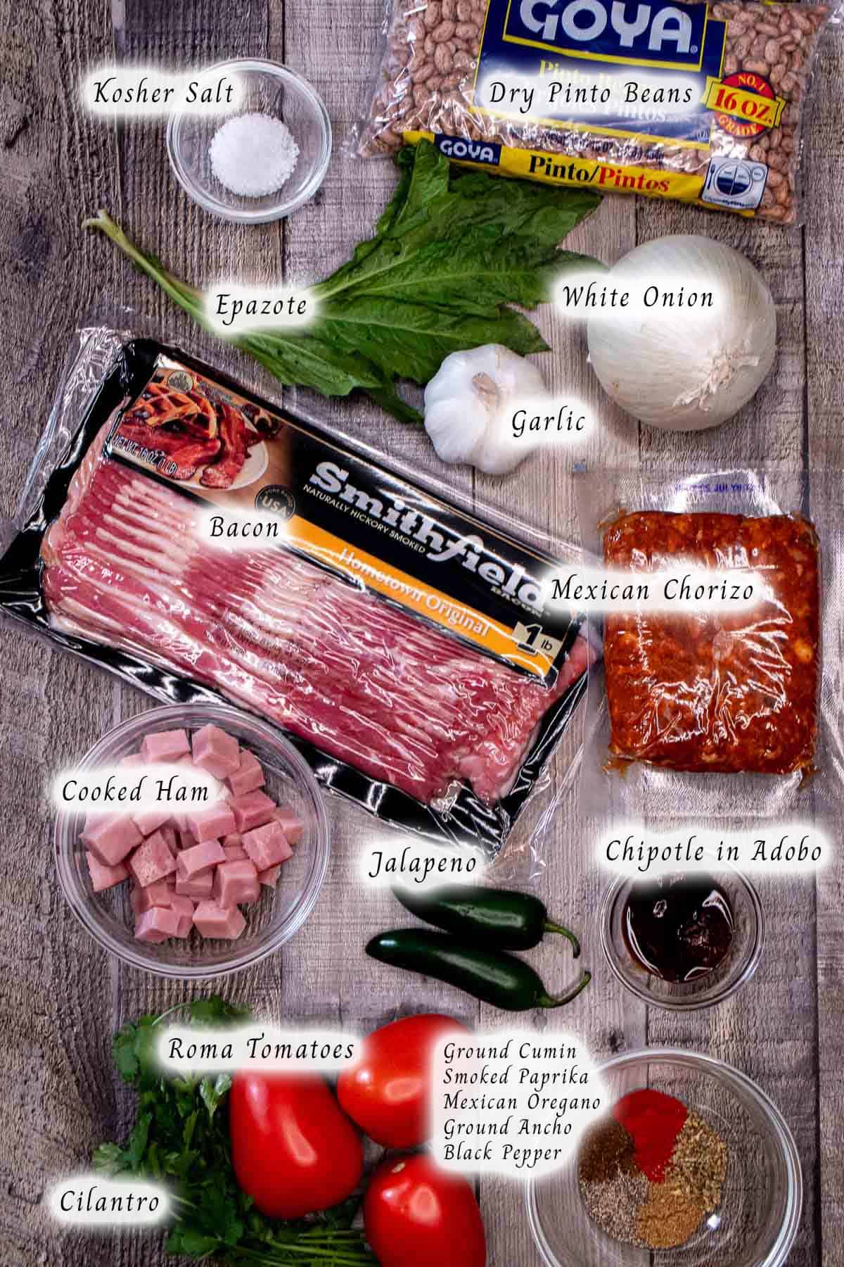 Ingredients for making Mexican charro beans.