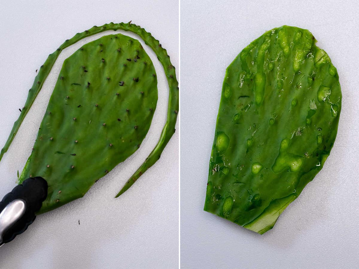 Removing outer edge spines from nopales, then the spines on the flat side.