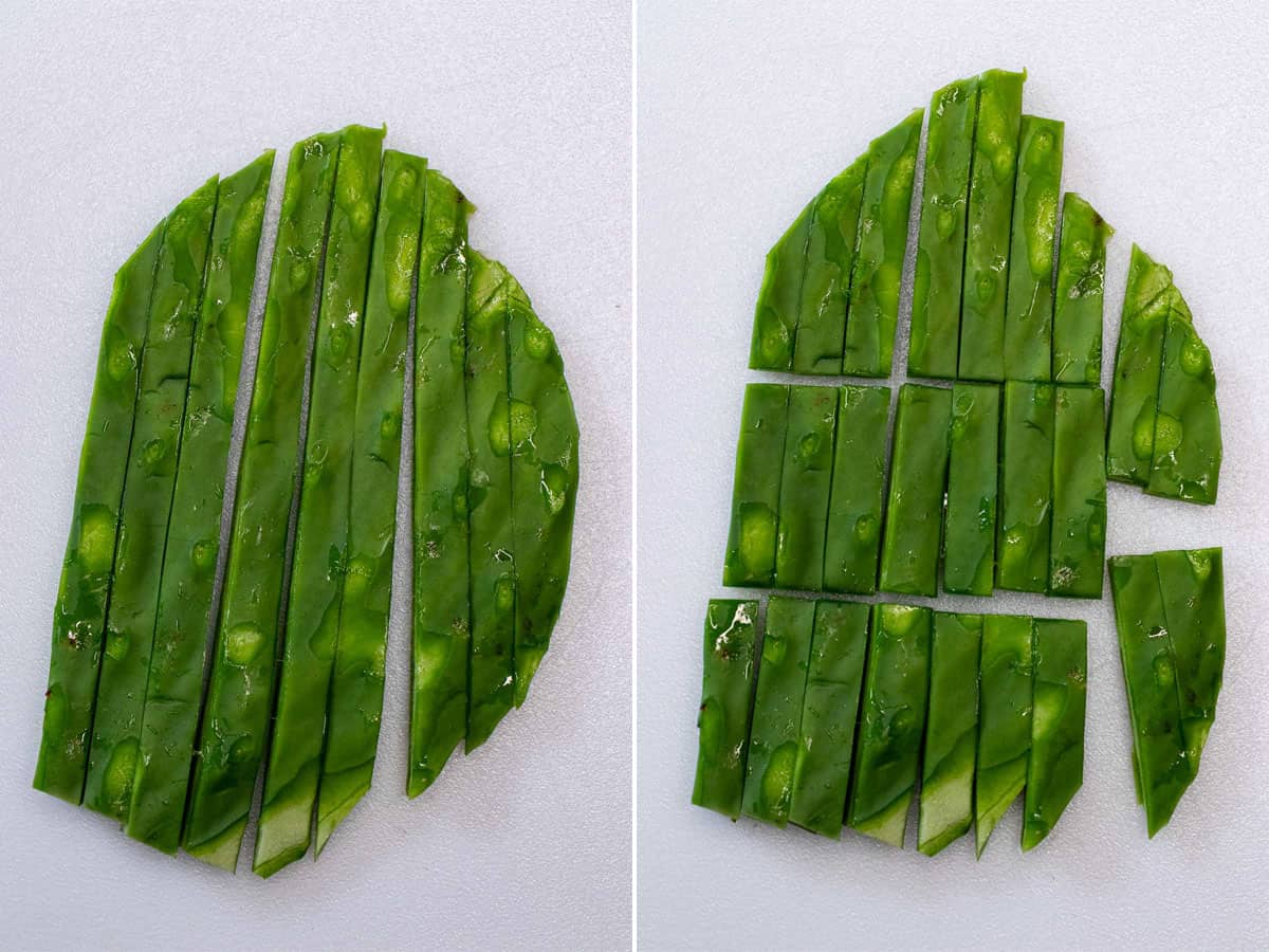 Slicing and then cutting cactus into strips.