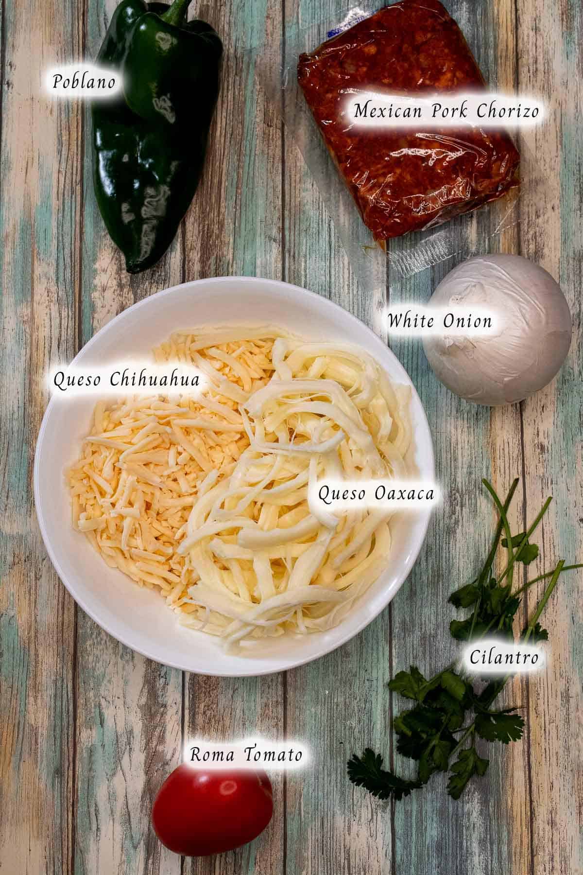 Ingredients for queso fundido with Mexican chorizo.