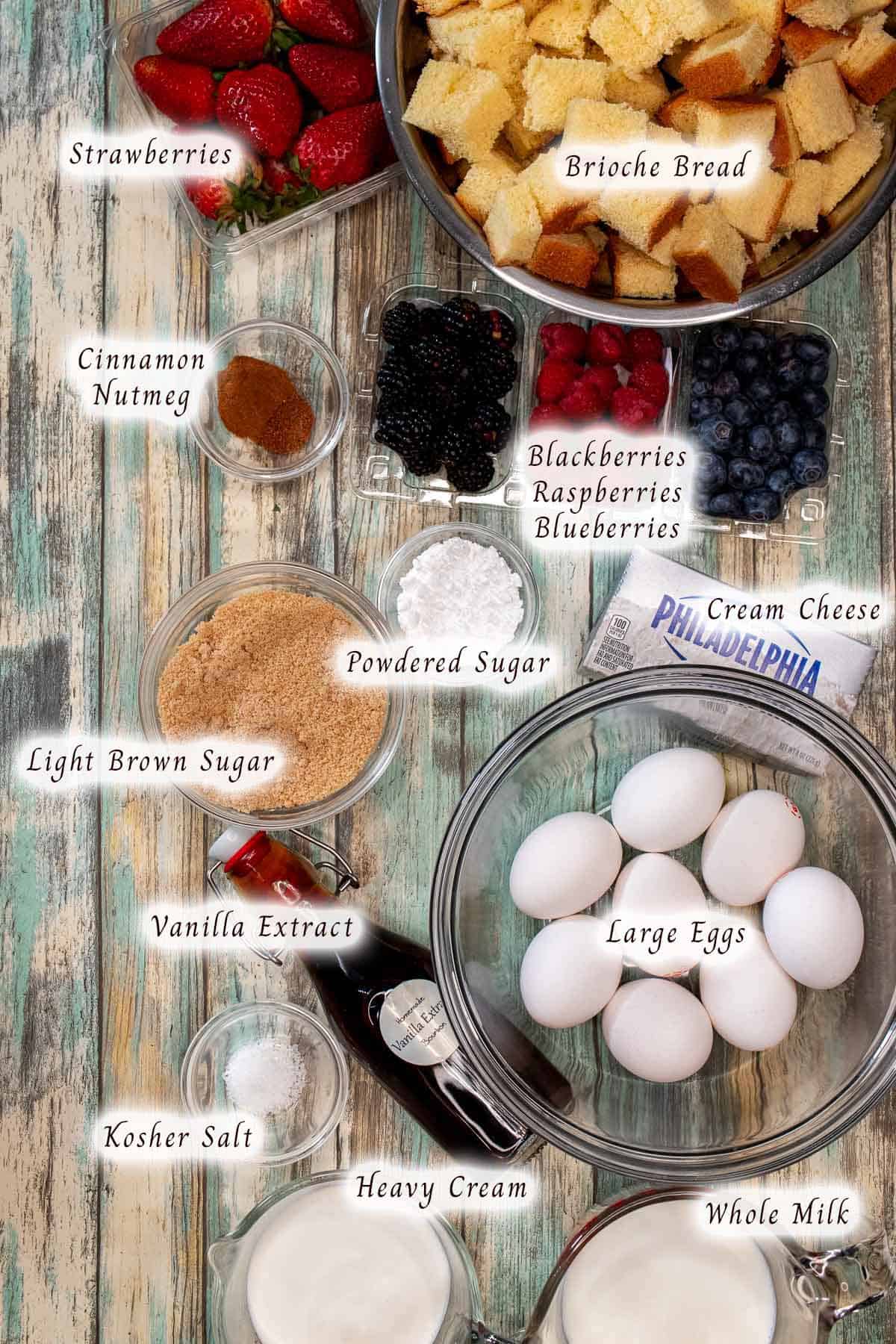 Ingredients for making mixed berries and cream French toast casserole.