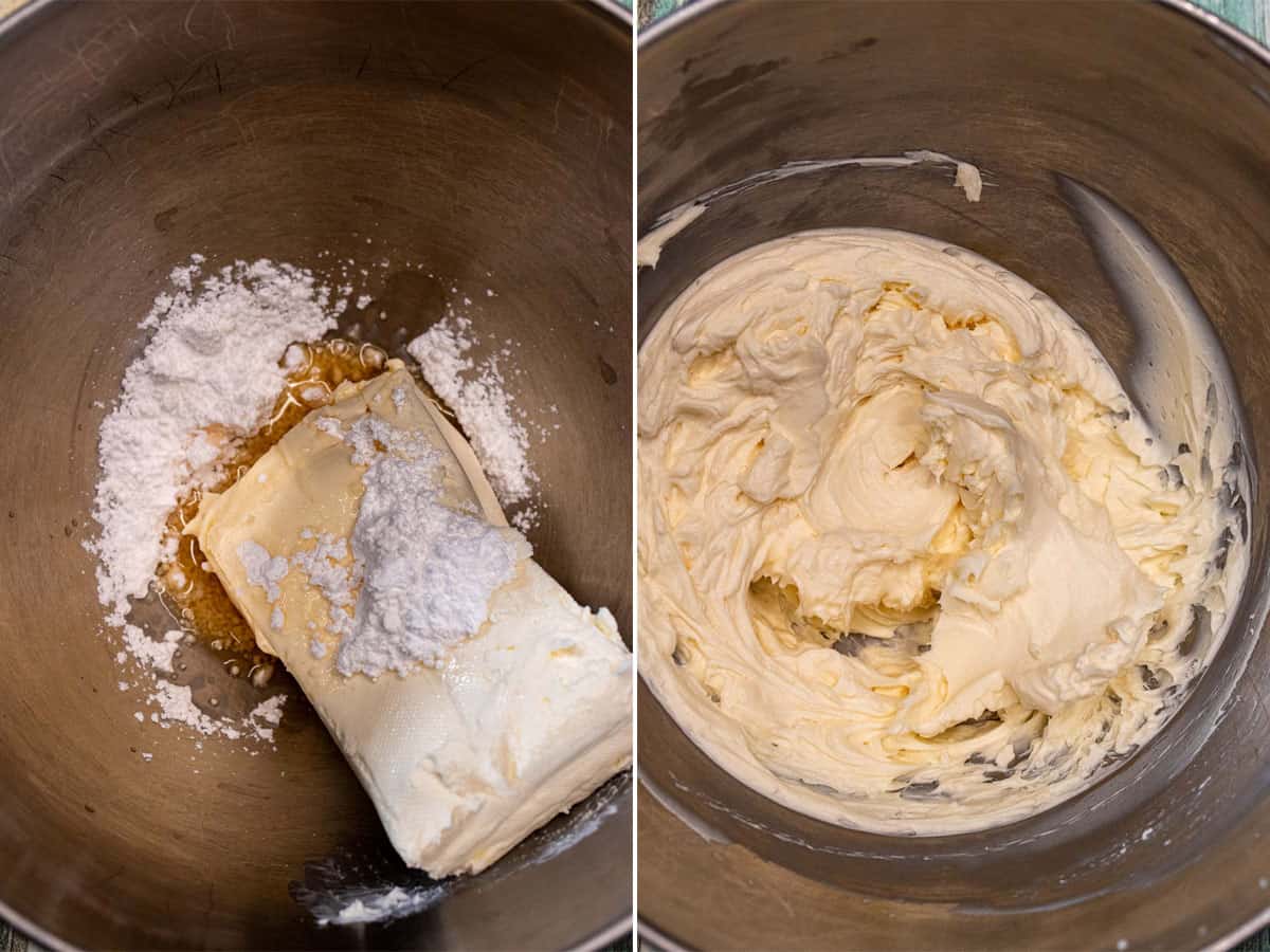 Creaming cream cheese with powdered sugar and vanilla extract.