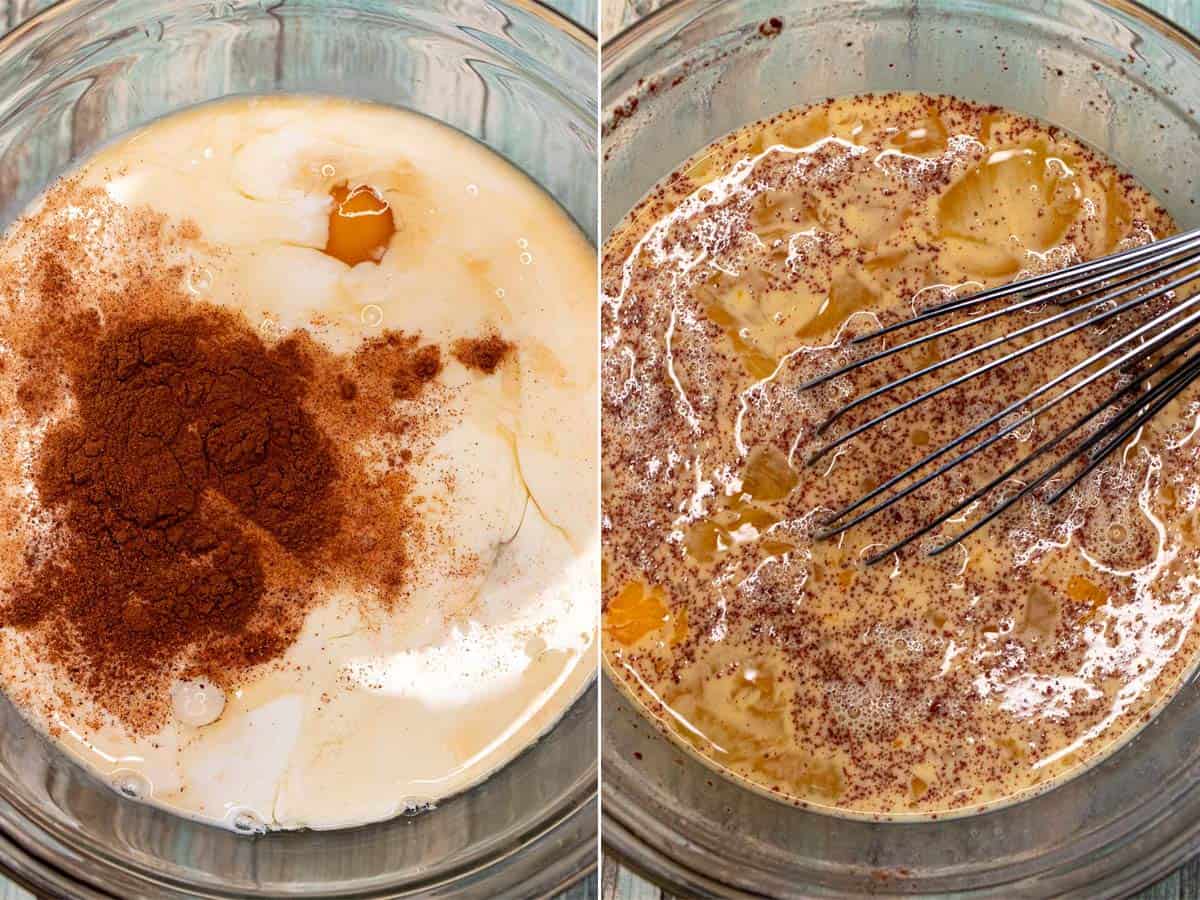 Whisking eggs, milk, cream, and spices together in a glass bowl.