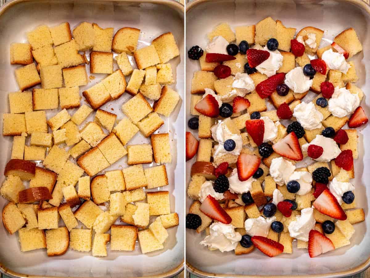 Laying a baking dish with bread cubes and then with sweetened cream cheese dollops and fresh mixed berries.